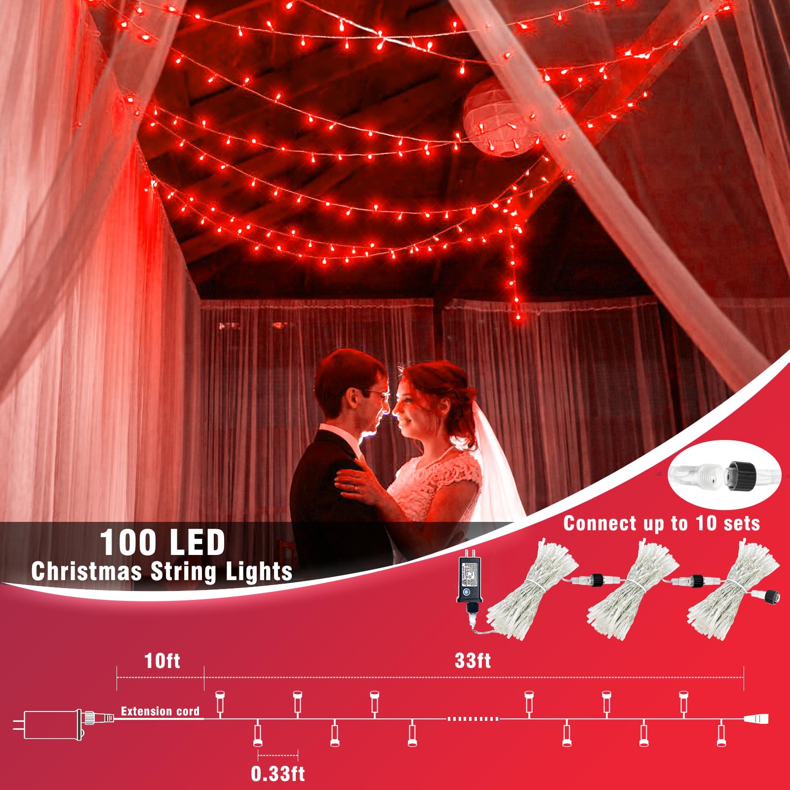 Vivideal 100 Led Red Christmas Lights Outdoor, 33Ft Red String Lights 8 Modes Clear Wire, Connectable Waterproof Plug In Pink Christmas Tree Lights For Bedroom Indoor Outdoor Christmas Decorations