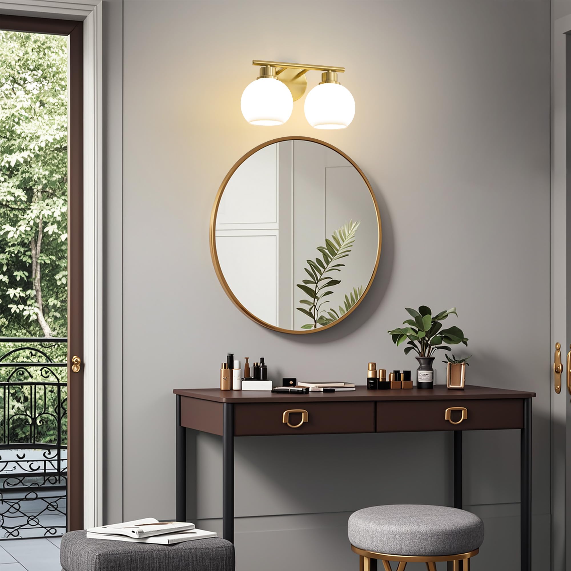 Lanmate Bathroom Vanity Light Fixtures 2-Lights Gold Bathroom Lighting Fixtures Over Mirror With Milk White Glass Shade 13.8 Inc
