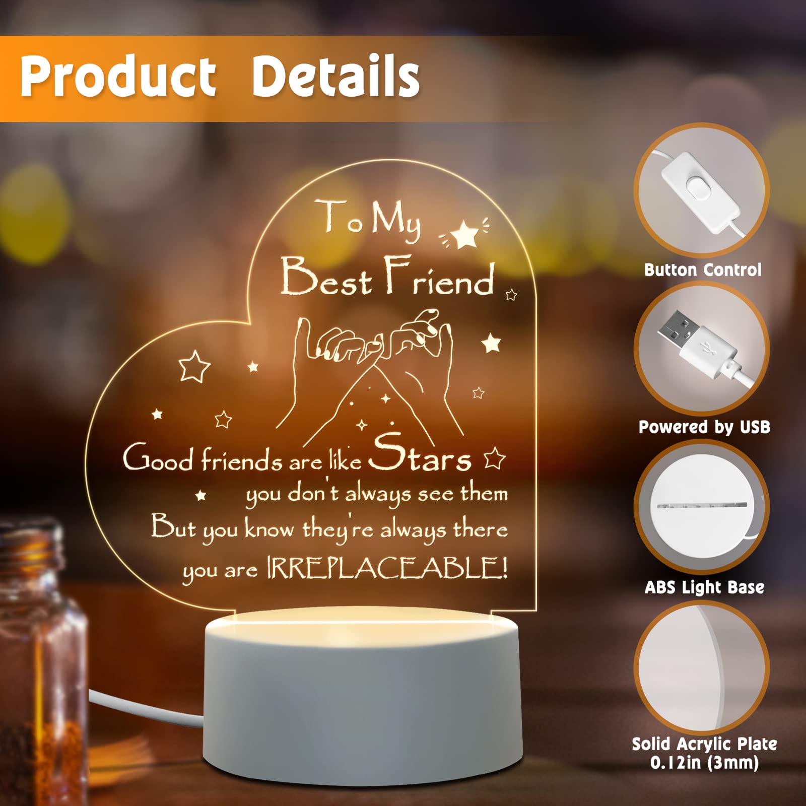 Afterprints Friendship Gifts For Women- Engraved Heart-Shaped Night Light, Best Friend Birthday Gifts, Valentines Gift For Friends, Bestie