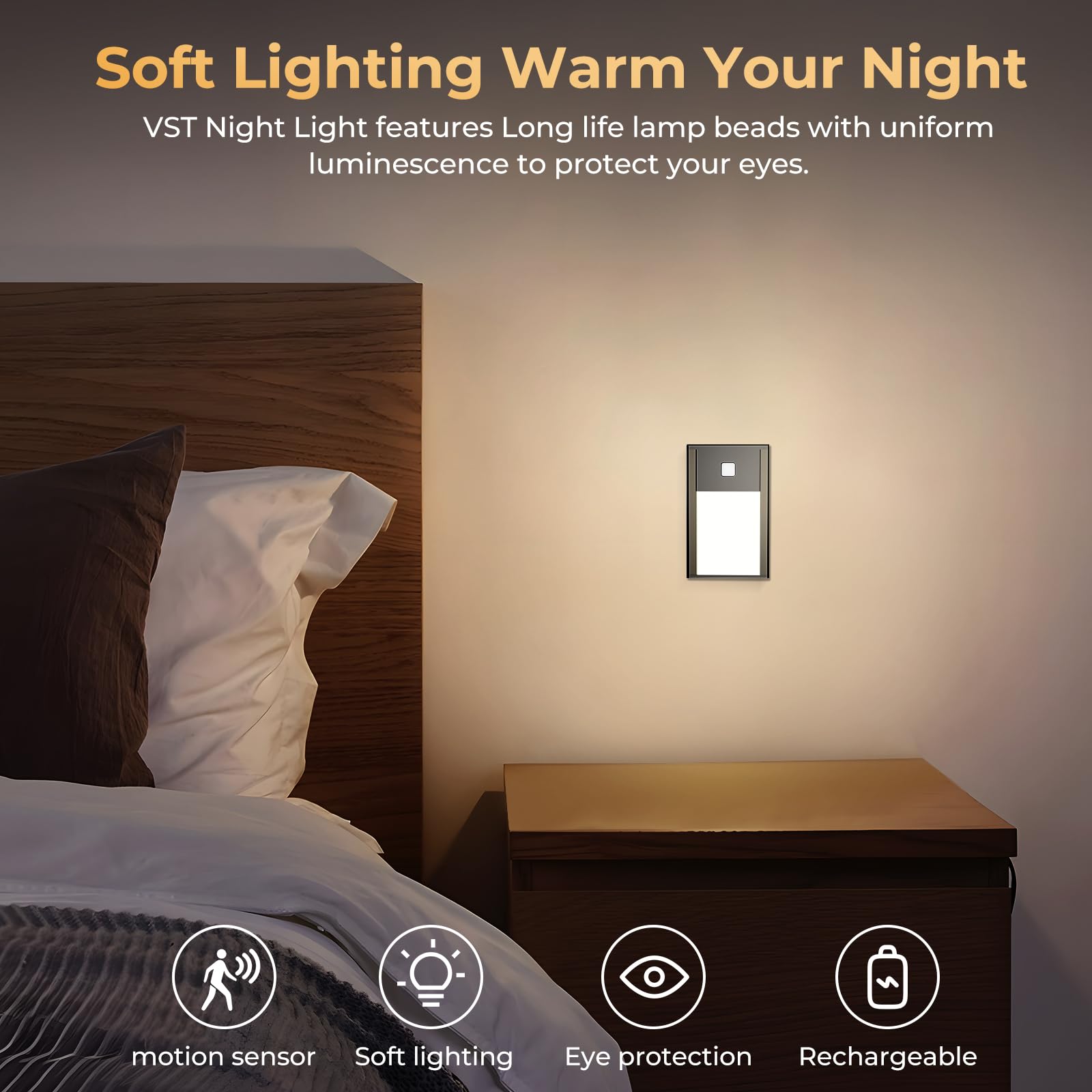 Vst Motion Sensor Step Night Light, Rechargeable Battery Powered Led Light With Magnetic Suck Installation For Bedroom Hallway S