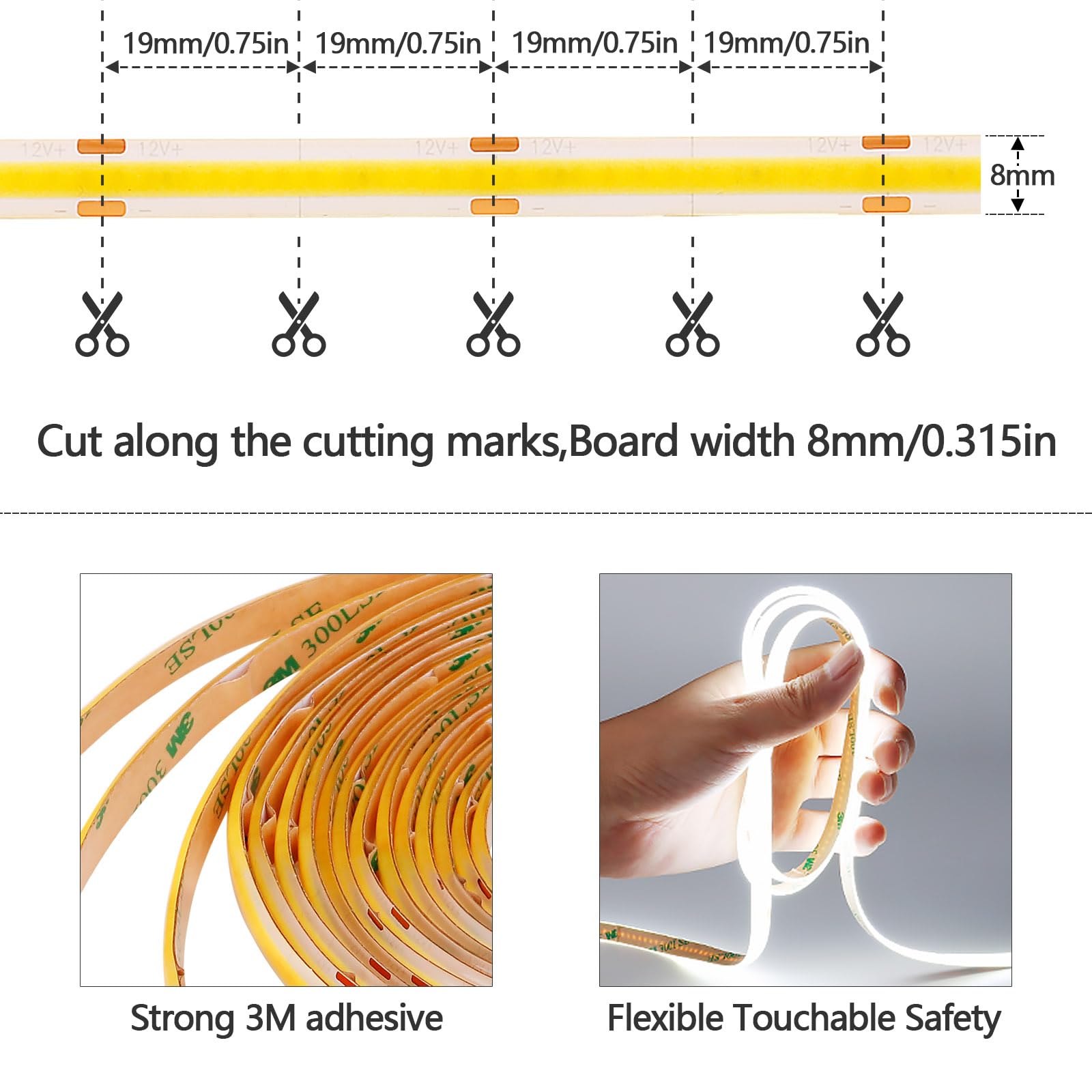 Goming Dc 12V Cob Led Strip Light Cool White 6000K Ip65 Waterproof 16.4Ft(5M) 1560Leds Cri 93+ Uniform Glow Flexible Led Tape Li