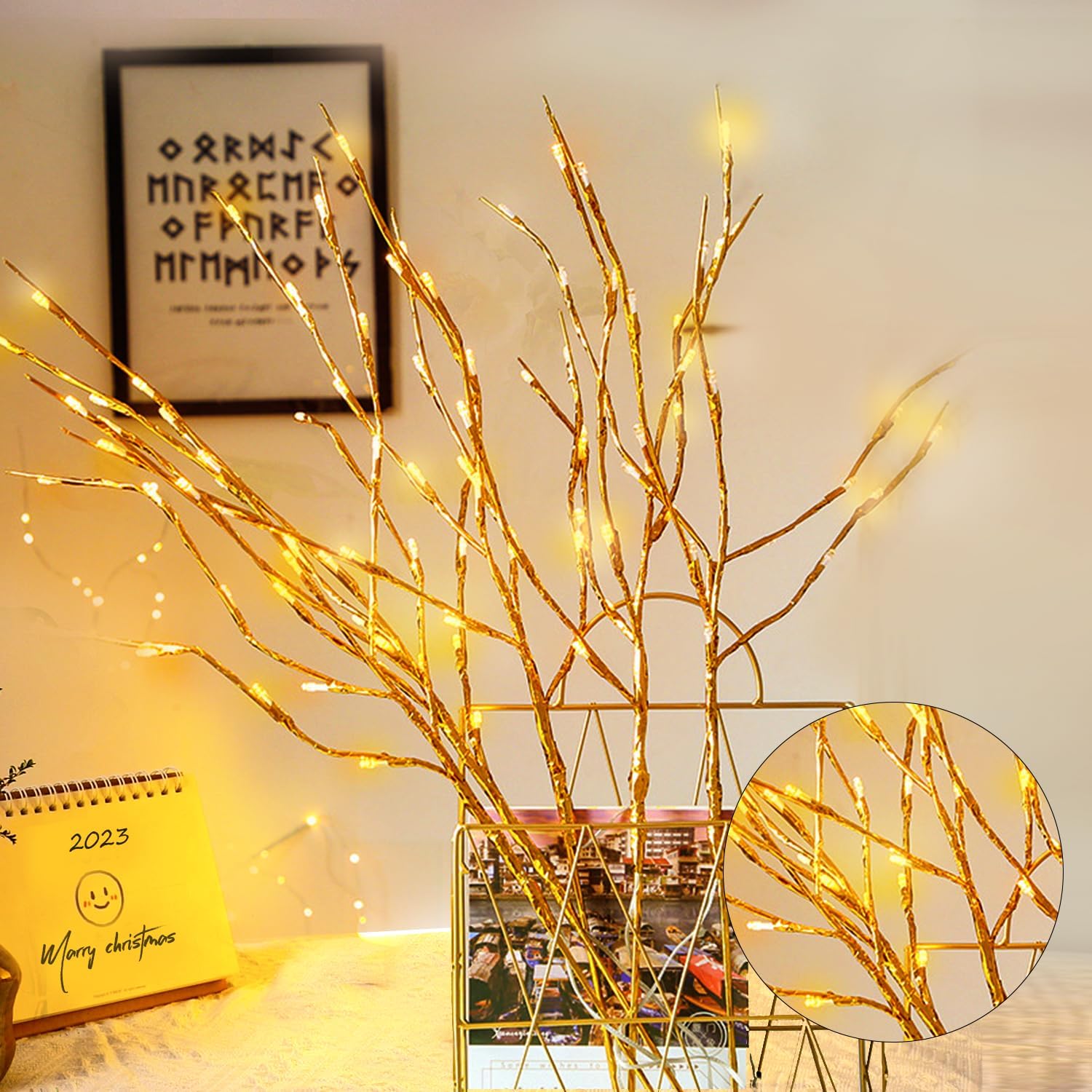 DK177 2 Pack Led Branch Light Battery Operated Lighted Branch Vase Filler Willow Tree Artificial Little Twig Power Golden 30 Inc
