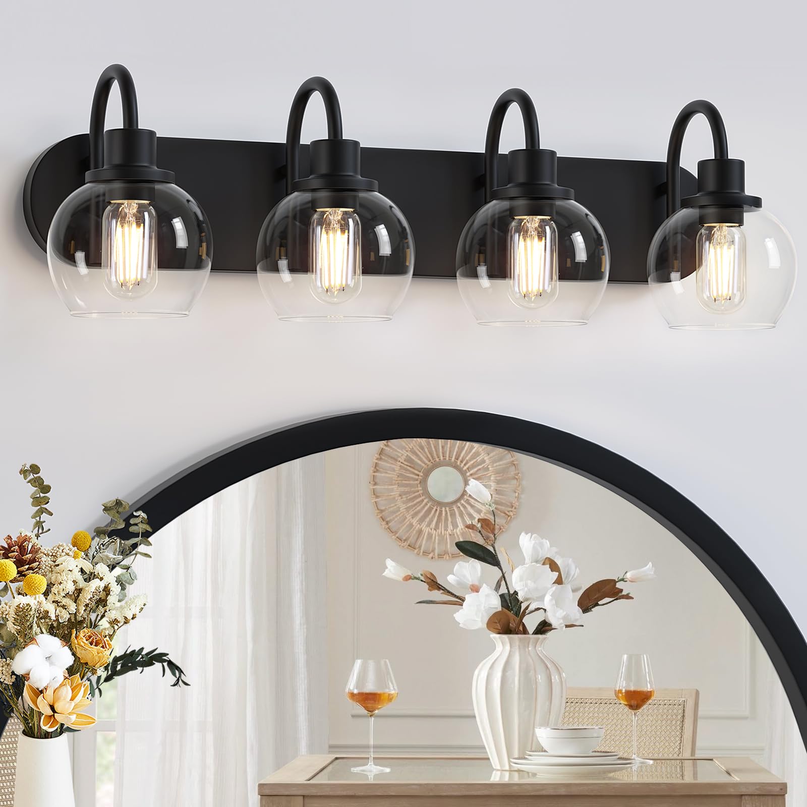Dpyrrhic 4-Light Bathroom Vanity Light Fixture, Matte Black Metal, Clear Glass Globe Shade, Model JD-193