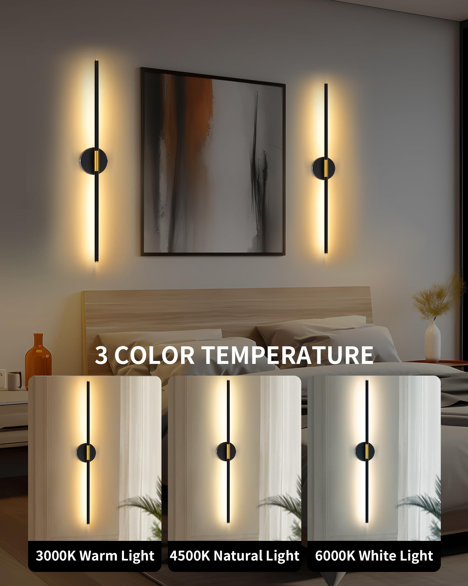 Lumiquesce 32 Inch Battery Operated Wall Sconce Set of 2, Metal, Wireless, Dimmable, Black Gold, Model 7105