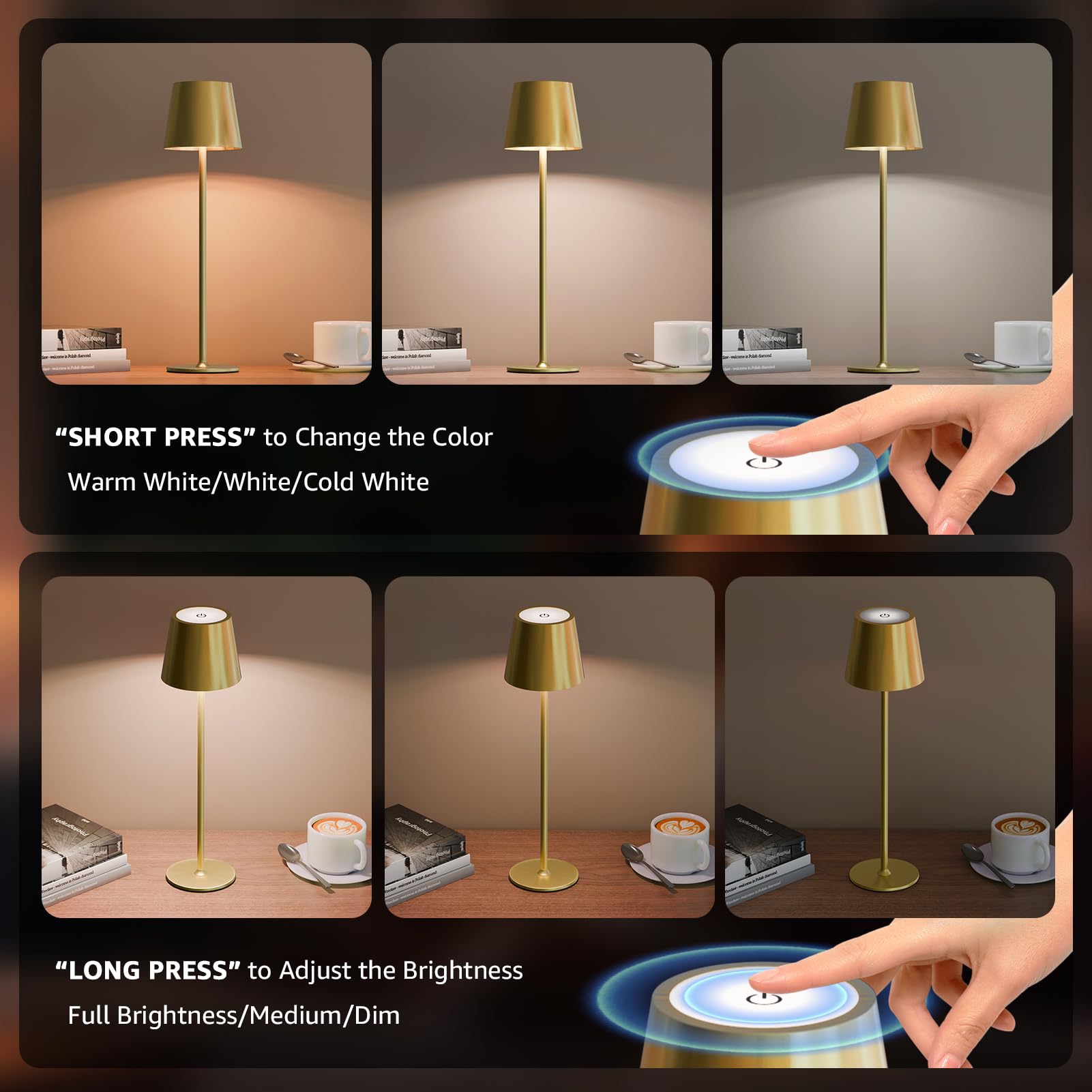 Uuffoo 2 Pack Rechargeable Table Lamp Battery Operated Cordless Table Lamps With 3 Colors Stepless Dimming, Desk Night Light For