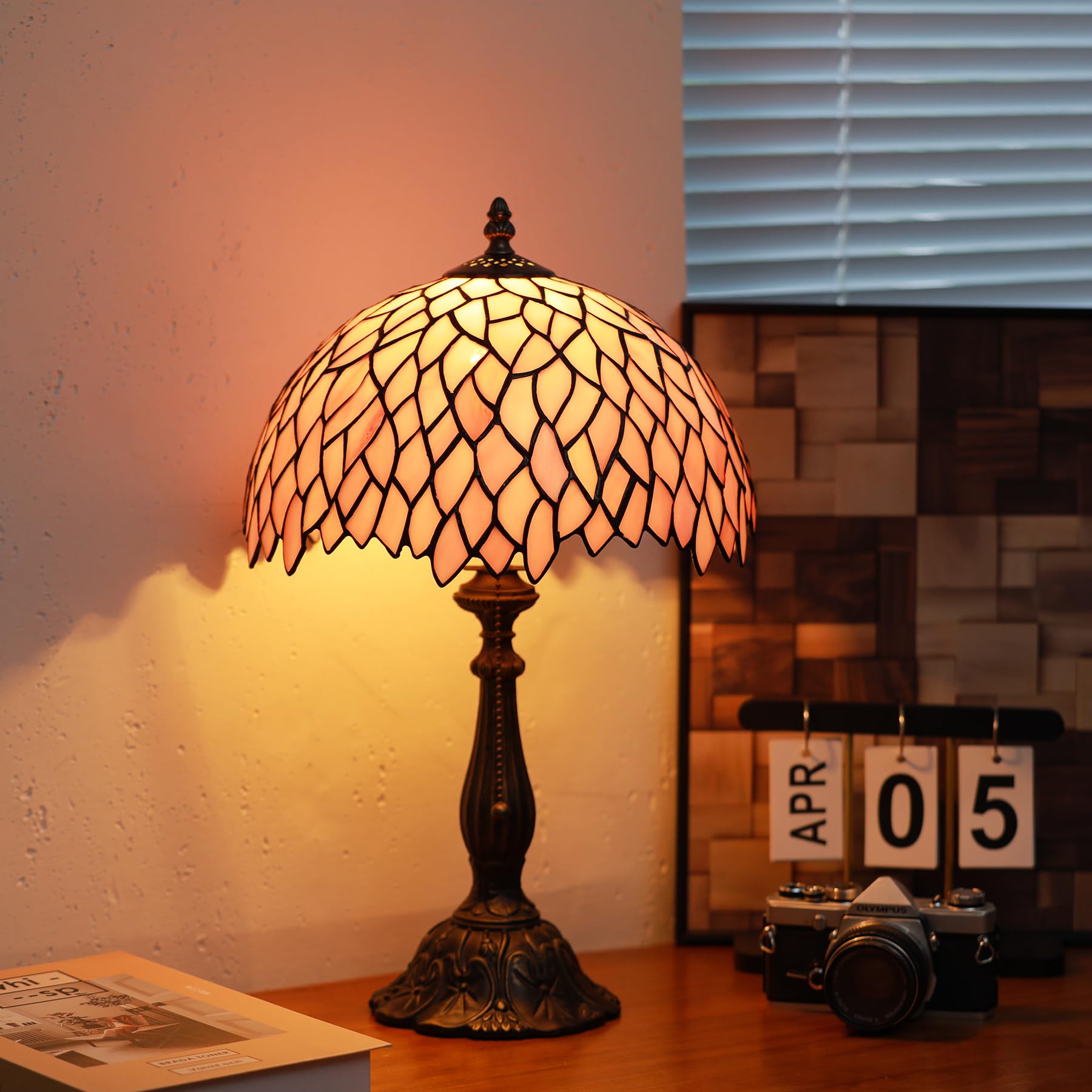 Tiffany Lamps Pink Leaves Style Stained Glass Table Lamp Desk Bedside Reading Light 12X12X18.5 Inches with Bronze Resin Base App