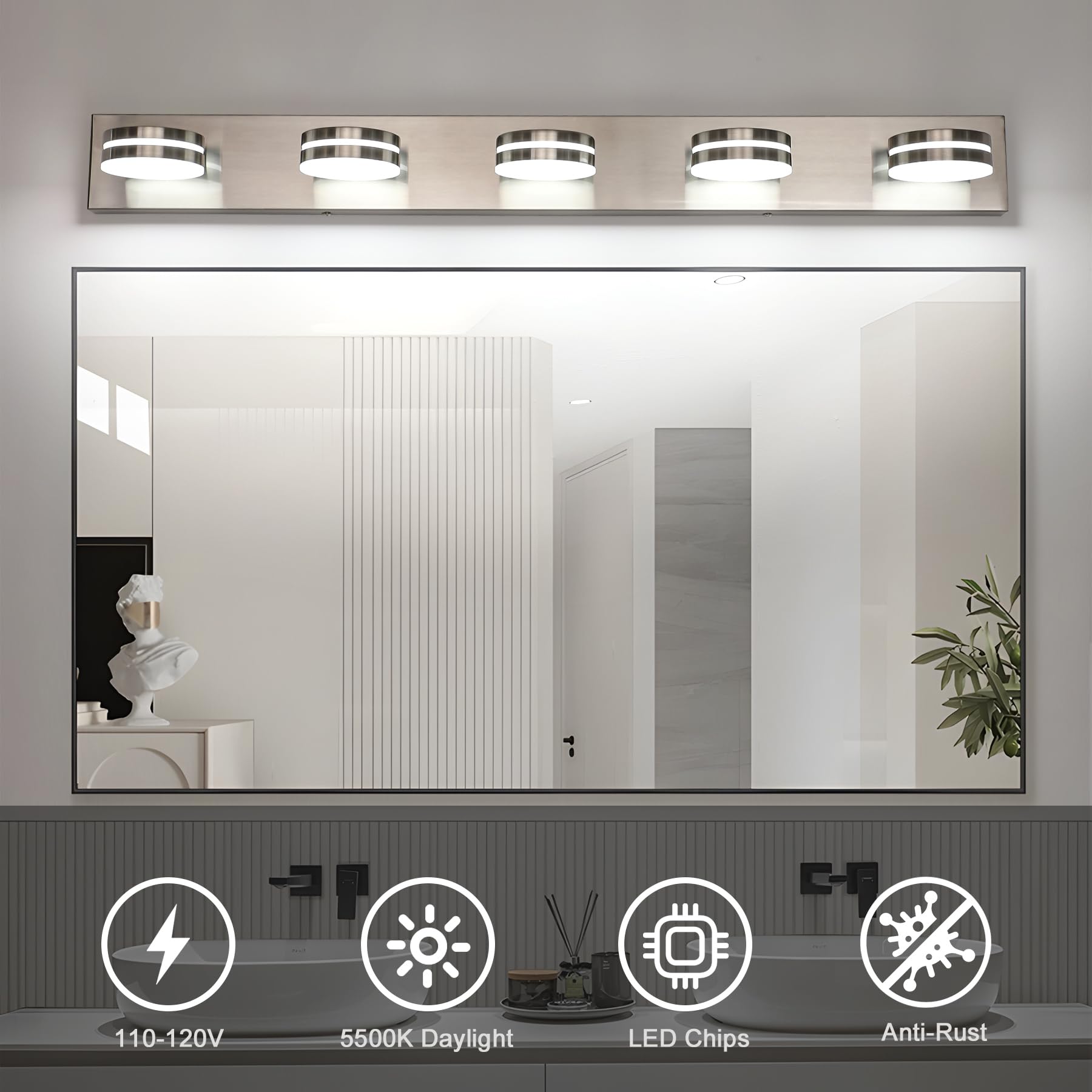 Bicrink Brushed Nickel Bathroom Light Fixtures Over Mirror  5-Light Bathroom Vanity Light  Led Dimmable Bath Lights  Modern Wall Mounted Lighting Fixture With Rotating Lamp Head