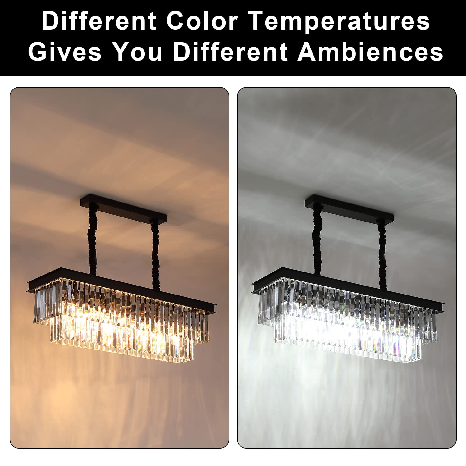 A AXILIXI Rectangular Black Crystal Chandelier, 33” Stainless Steel Pendant Light for Dining Room & Kitchen Island