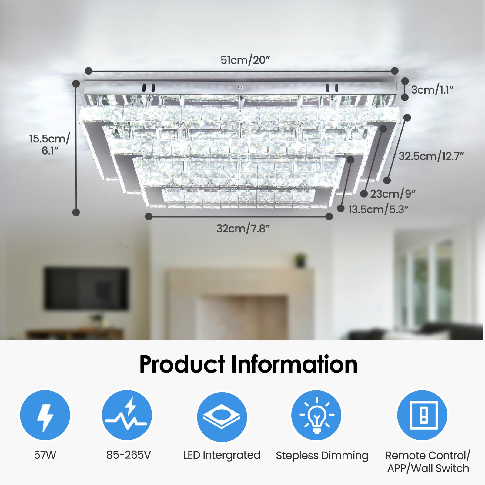 Finktonglan 20&quot; Dimmable Crystal Led Rectangular Flush Mount Chandelier For Living Room/Bedroom