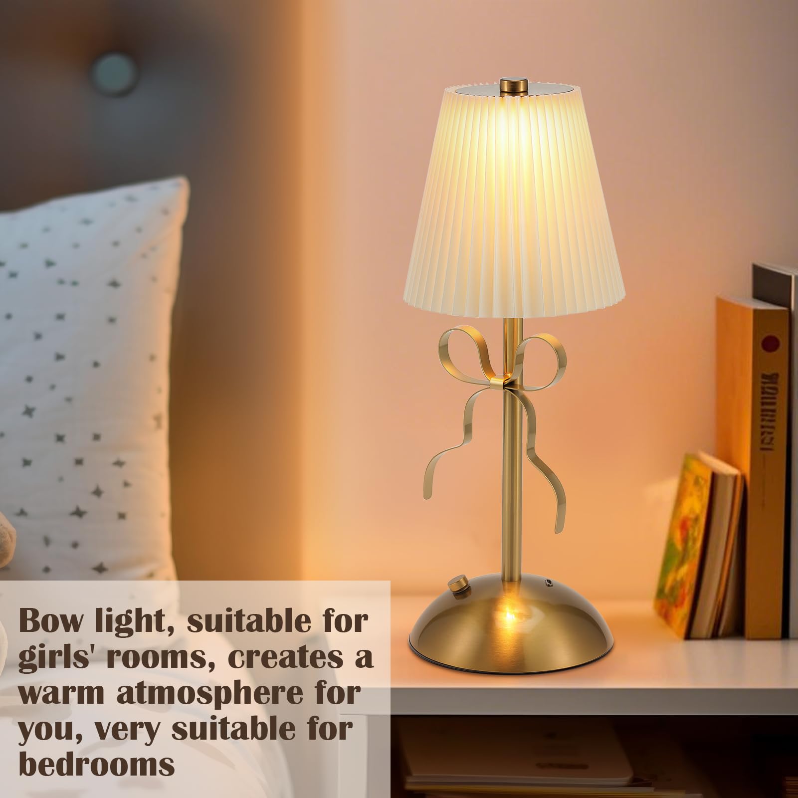 Kittmip 2 Pack Small Gold Bow Table Lamp 12 Inch For GirlS Bedroom Cute Coquette Bow Table Lamp With Fabric Shade Modern Decorative Bedside Light Small Princess Desk Lighting Boho Living Room(White)