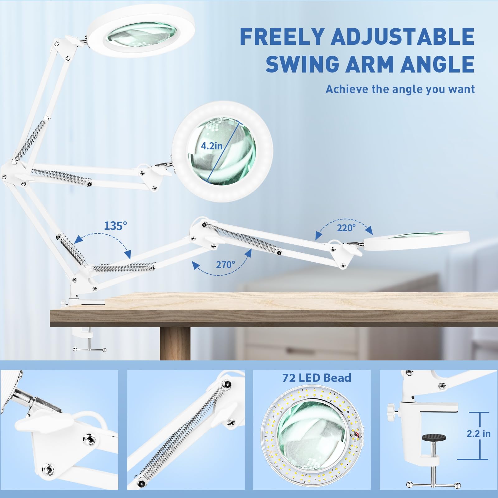 Hitti 10X Magnifying Glass With Light, 1800 Lumens Stepless Dimmable, 3 Color Modes, 4.2 Real Glass Lens Led Magnifying Lamp Wit