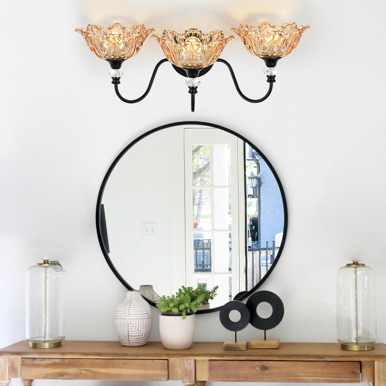 sunkryster 3-Light Bathroom Vanity Light, Black & Amber Floral Glass Shades, Vintage Farmhouse Wall Mount, Model Sun-104AB-3-Black-Amber