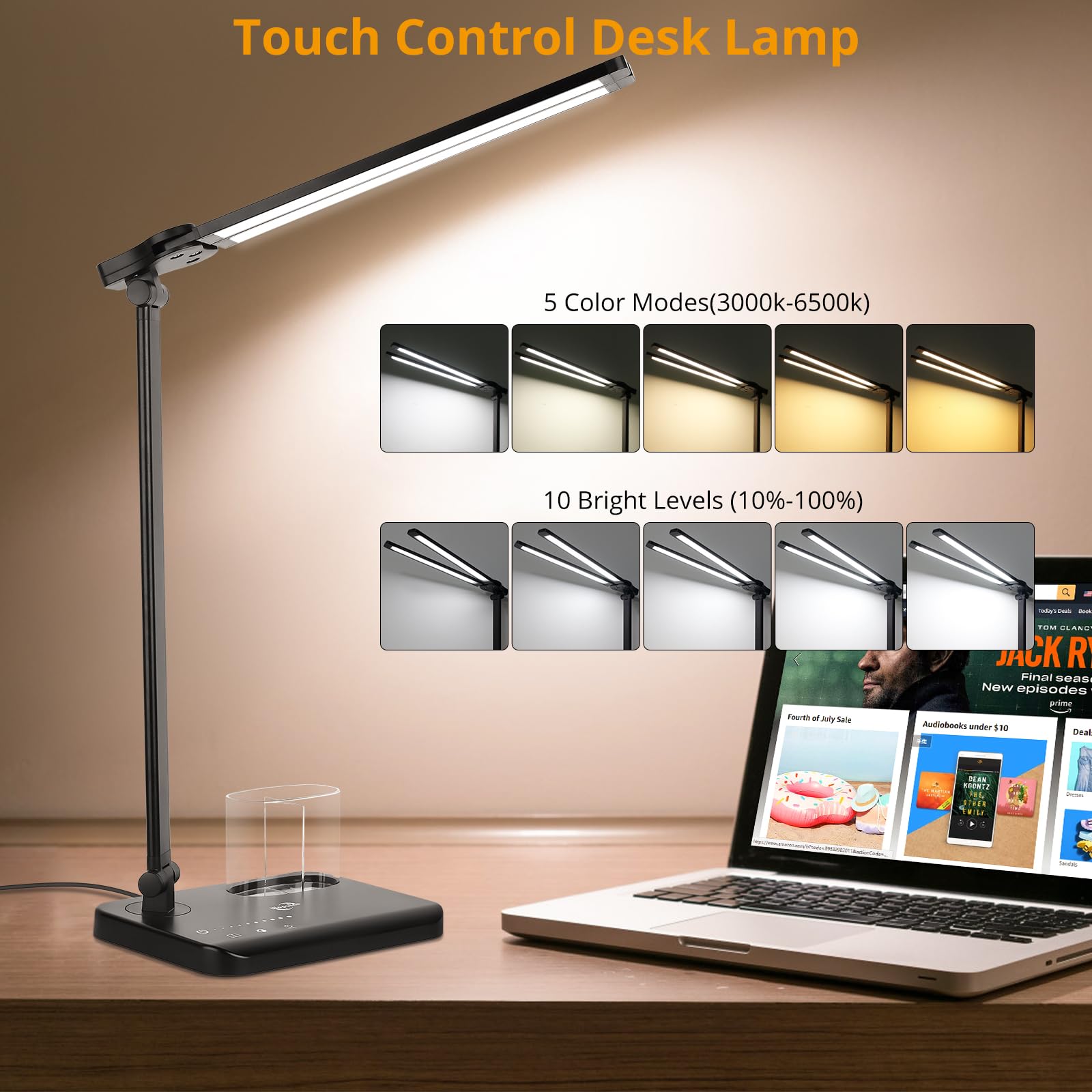Woputne Dual Head Led Desk Lamp - 5 Colors, 10 Brightness Levels, Black - Ideal For Home Office