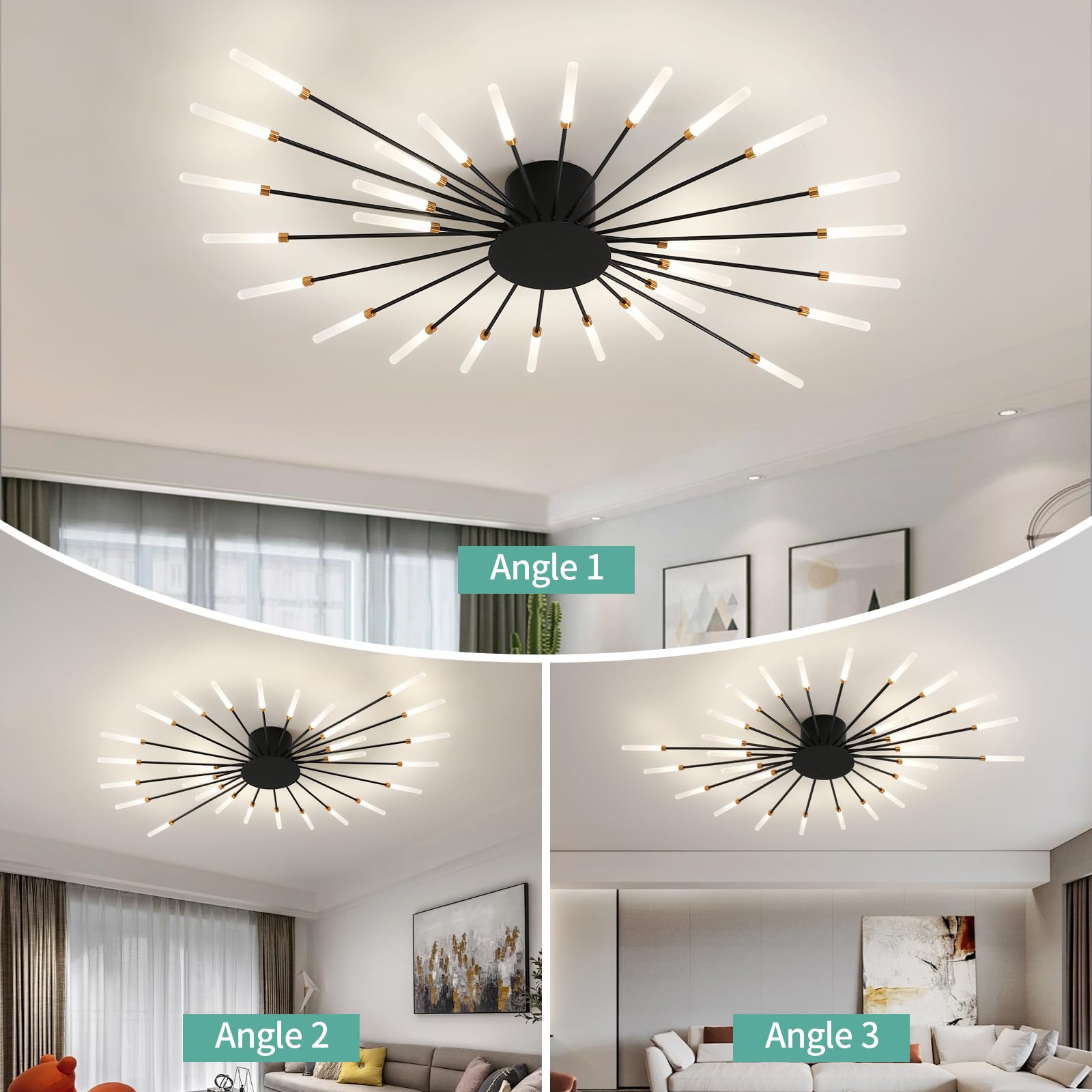 Ziidoo Modern Ceiling Light Fixtures  28 Lights Metal Firework Designed Chic Led Lighting For Farmhouse Kitchen Dining Room Bedroom Hallway Living Room (Black)