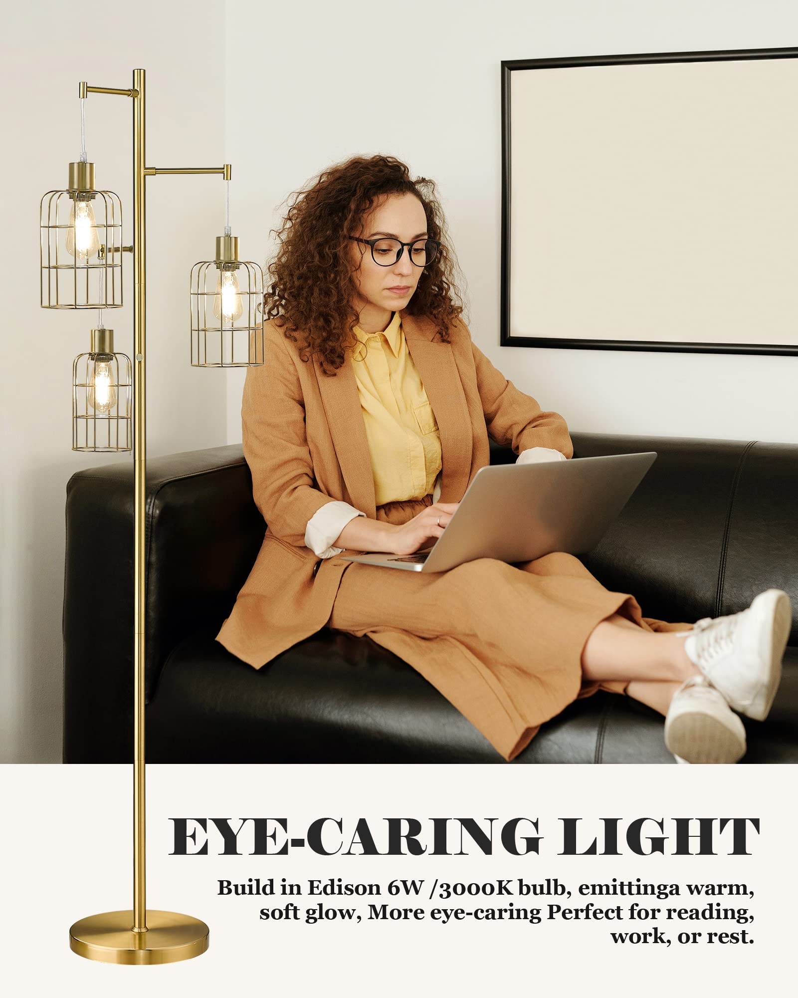 Elyona Modern Dimmable Floor Lamp For Living Room, Gold Tree Standing Light With 3 Metal Cage Shades, Industrial 71    Tall Pole