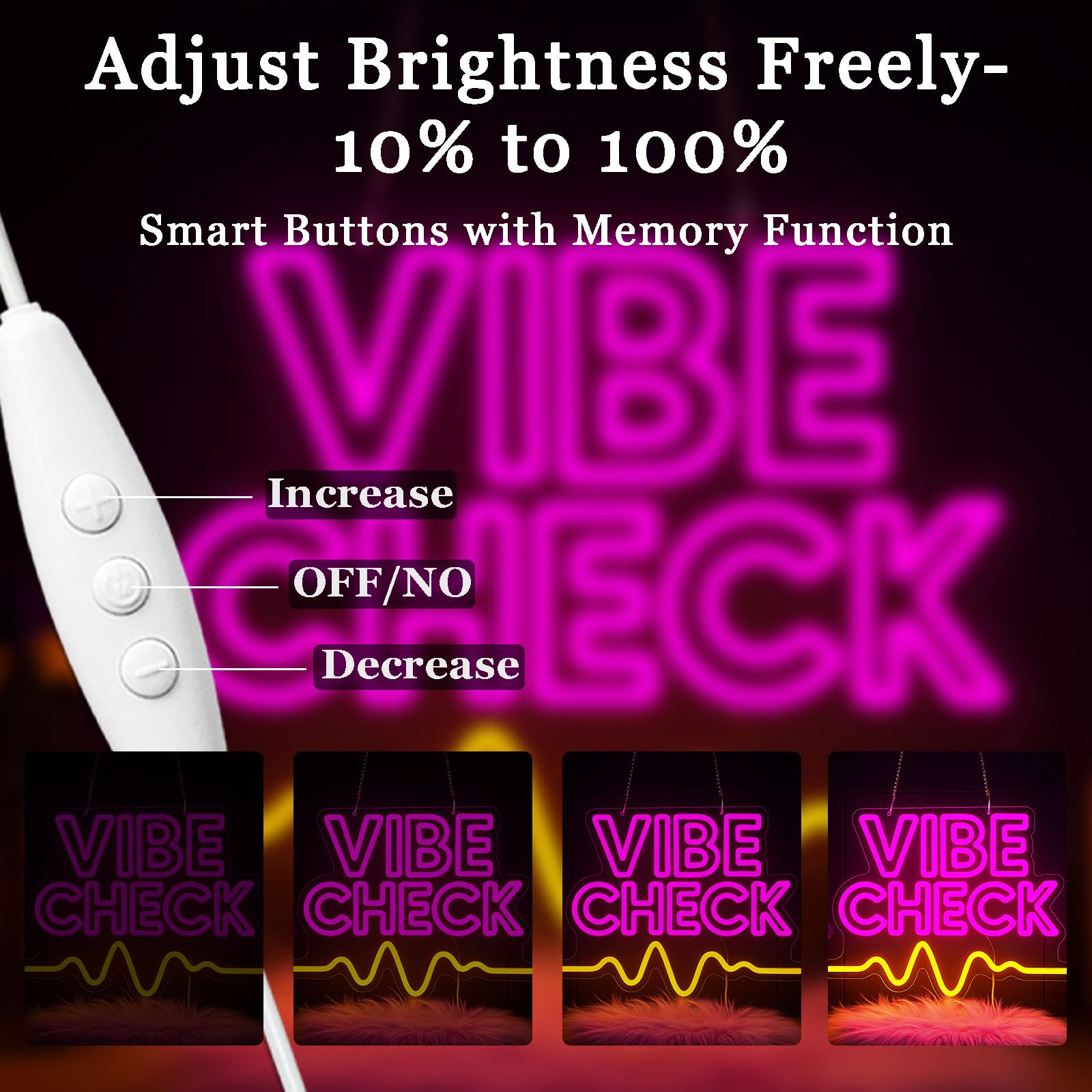 Vibe Check Neon Sign for Wall Decor USB Powered Dimmable LED Pink Word Light Up Sign for Girls Bedroom Game Room Dorm Bar Club C