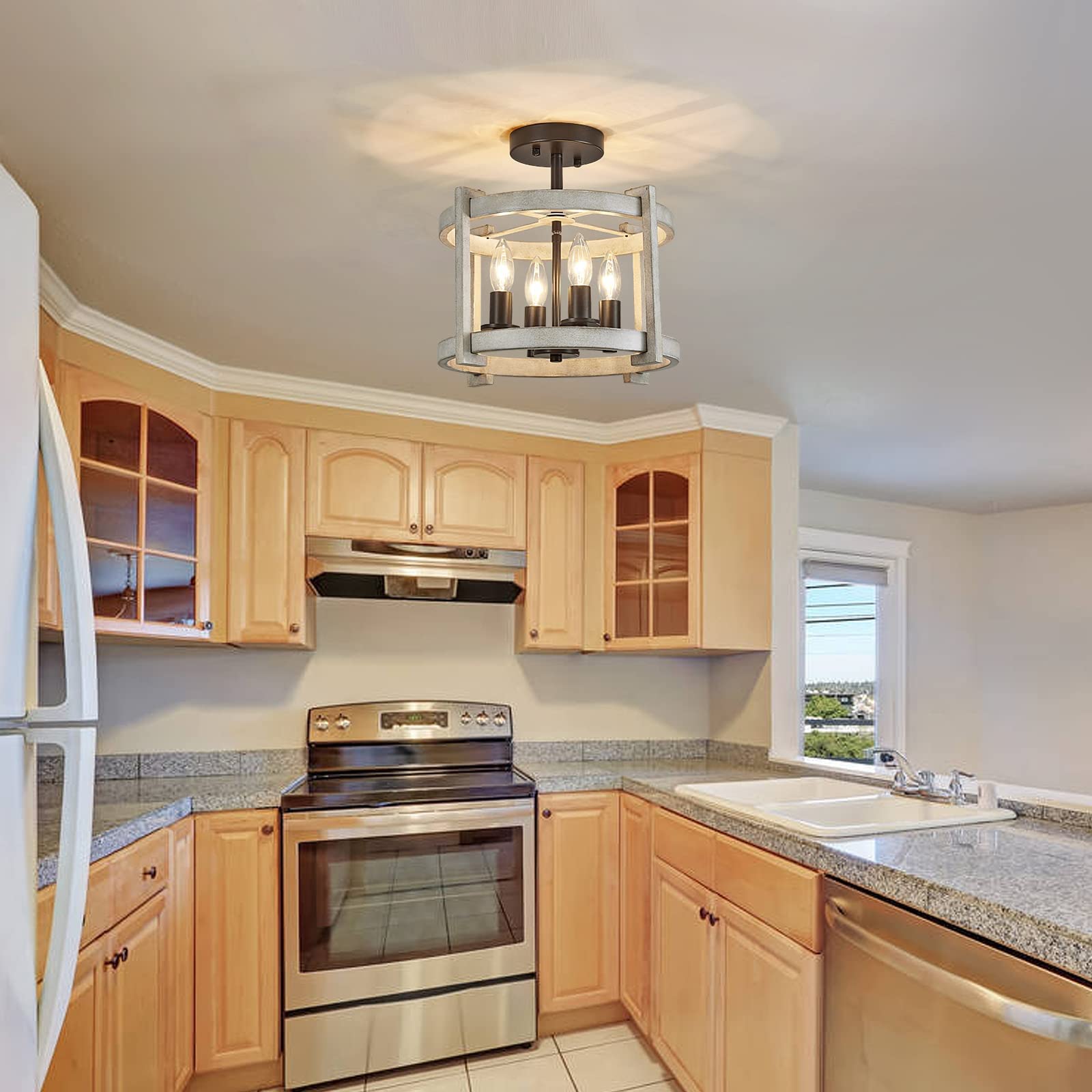 Meixisue 4-Lights Retro Semi Flush Mount Ceiling Light Fixtures,Orb+Oak White,Farmhouse Rustic Vintage Antique Ceiling Light Fix