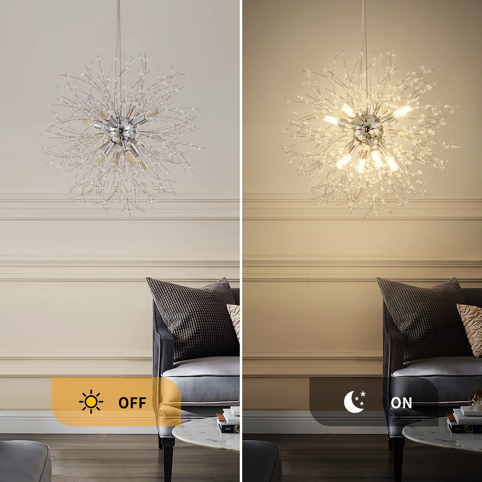 Modern Crystal Chandeliers Firework, 8-Light Chrome Dandelion Sputnik Ceiling Light Fixtures, Sputnik Chandelier For Bedroom Living Room Dining Room Kitchen Island Hallway