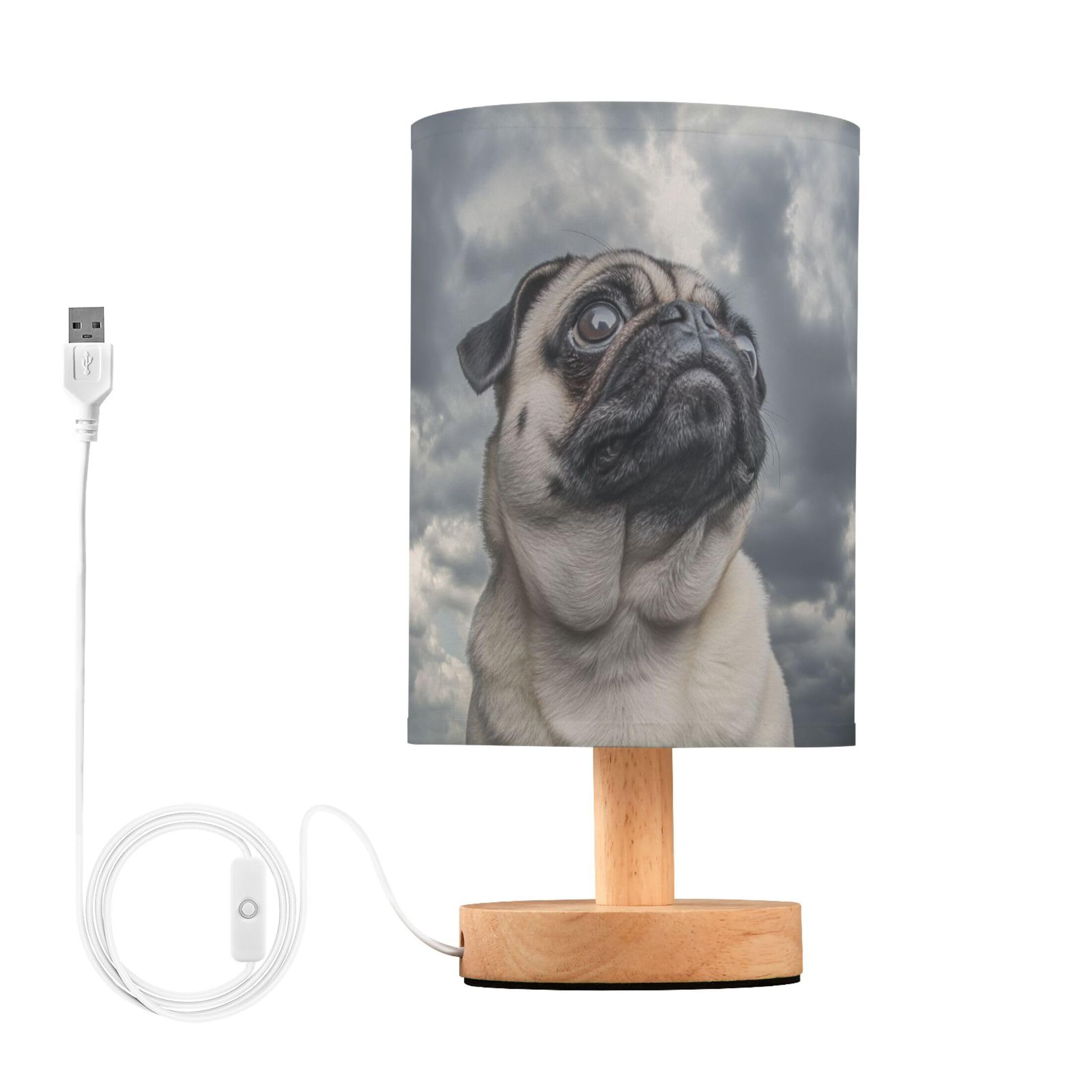 YYZZH Table Lamp Pug Dog Grey Cloud Sky Nightstand Lamp with Wood Base Fabric Lamp Shade Bedside Desk Lamp for Living Room Bedro