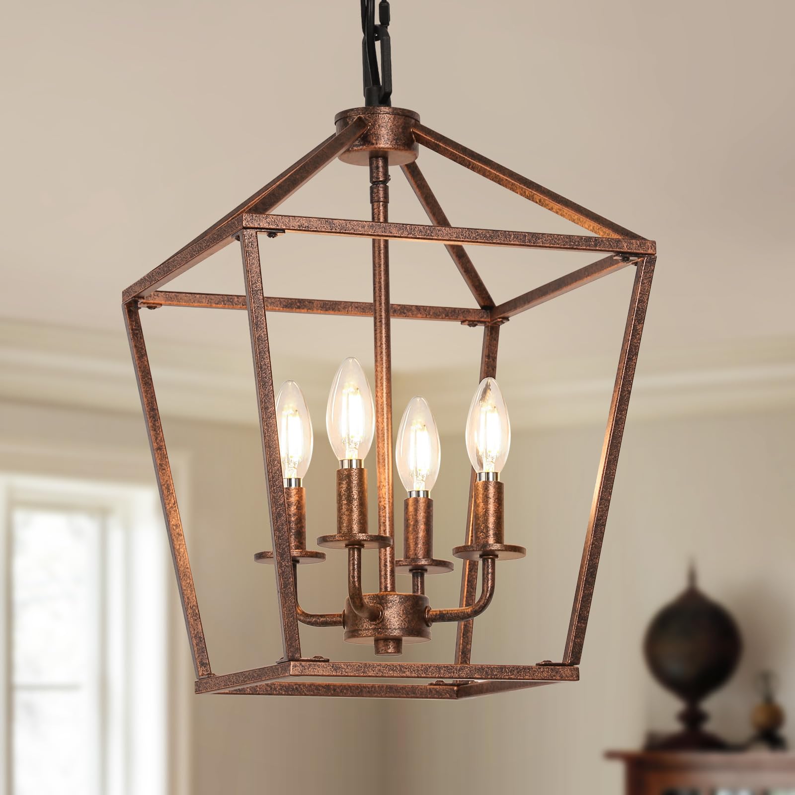 Chandelier for Dining Room, 4-Light Rustic Chandelier Fixtures, Vintage Ceiling Light with Adjustable Height, Antique Bronze Geo