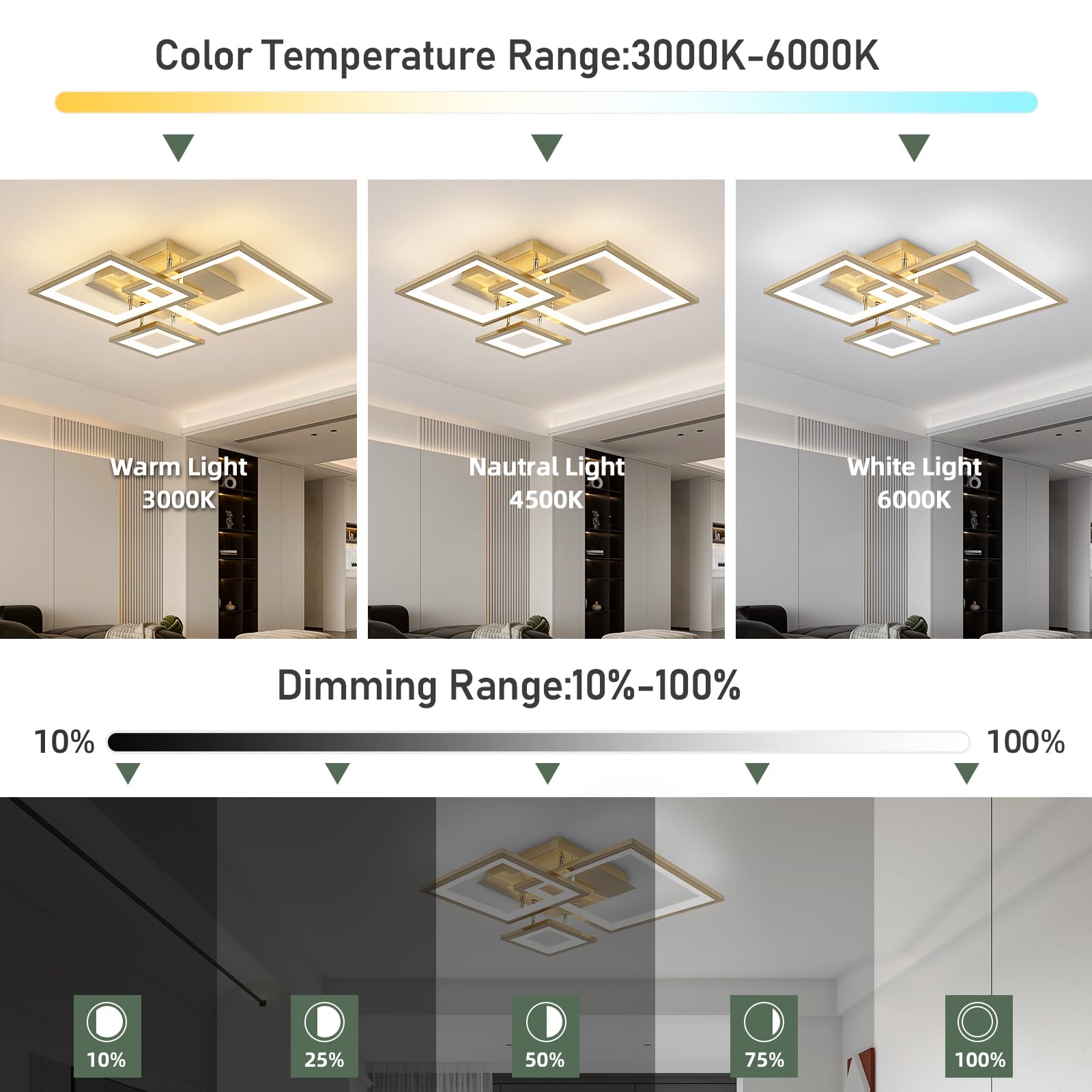 Hlilceh Modern Gold Led Ceiling Light 3-Square Design 3000K-6500K Dimmable Led Ceiling Light With Remote 33W Acrylic Ceiling Lig