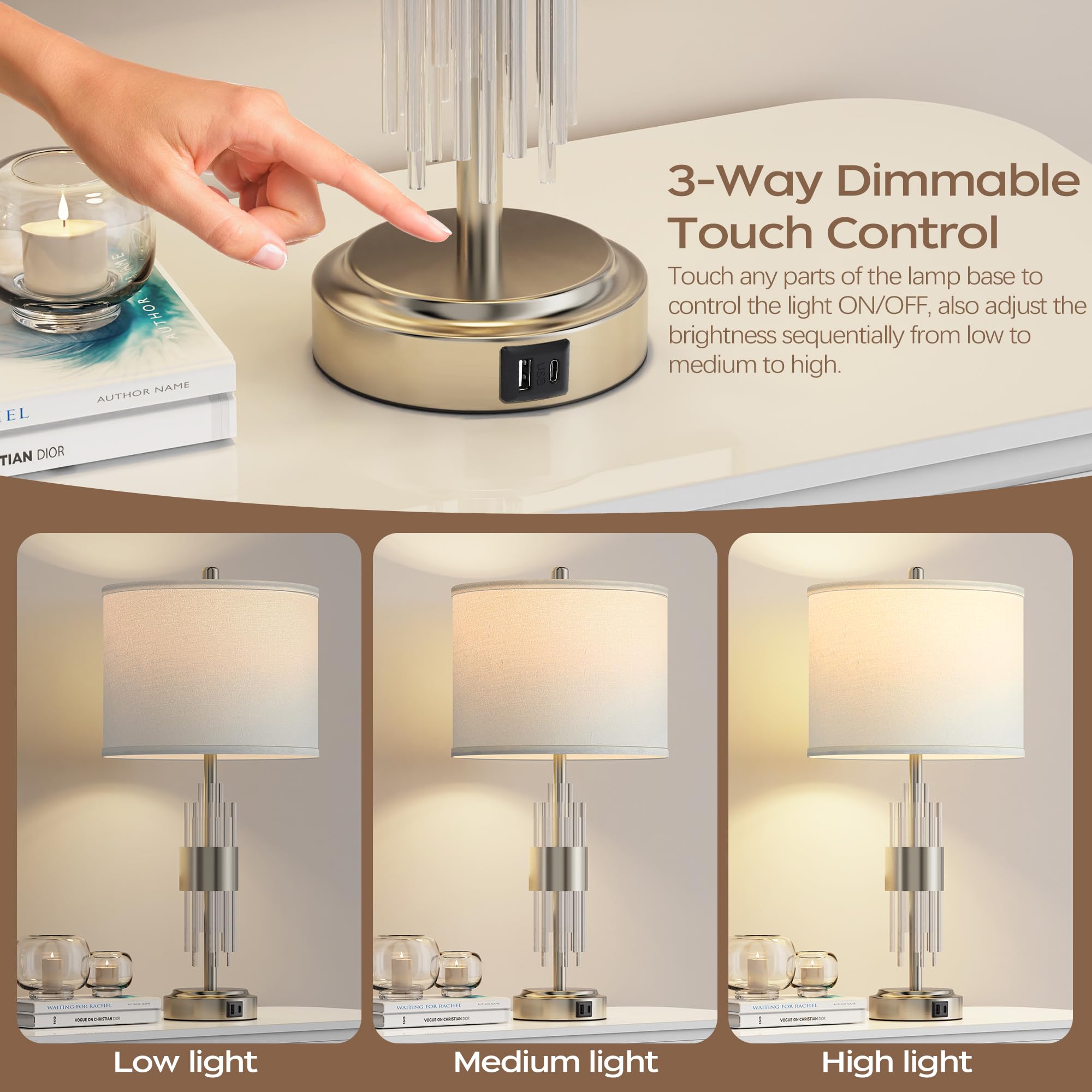 Qimh Table Lamp For Living Room,Bedside Lamp For Bedrooms Set Of 2 With Usb A+C Ports,3-Way Dimmable Touch Control,Modern Nights