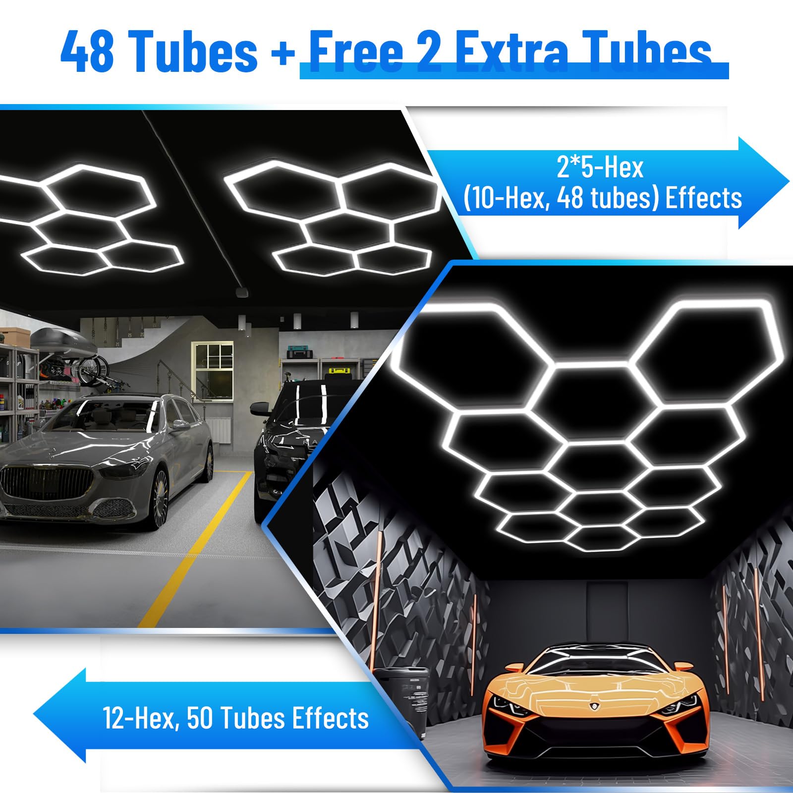 LZHOME LED Hexagon Garage Light - 52800LM Dimmable Ceiling Light, 11-HEX, White, Plastic, Ideal for Garage, Gym, Basement, Hair Salon