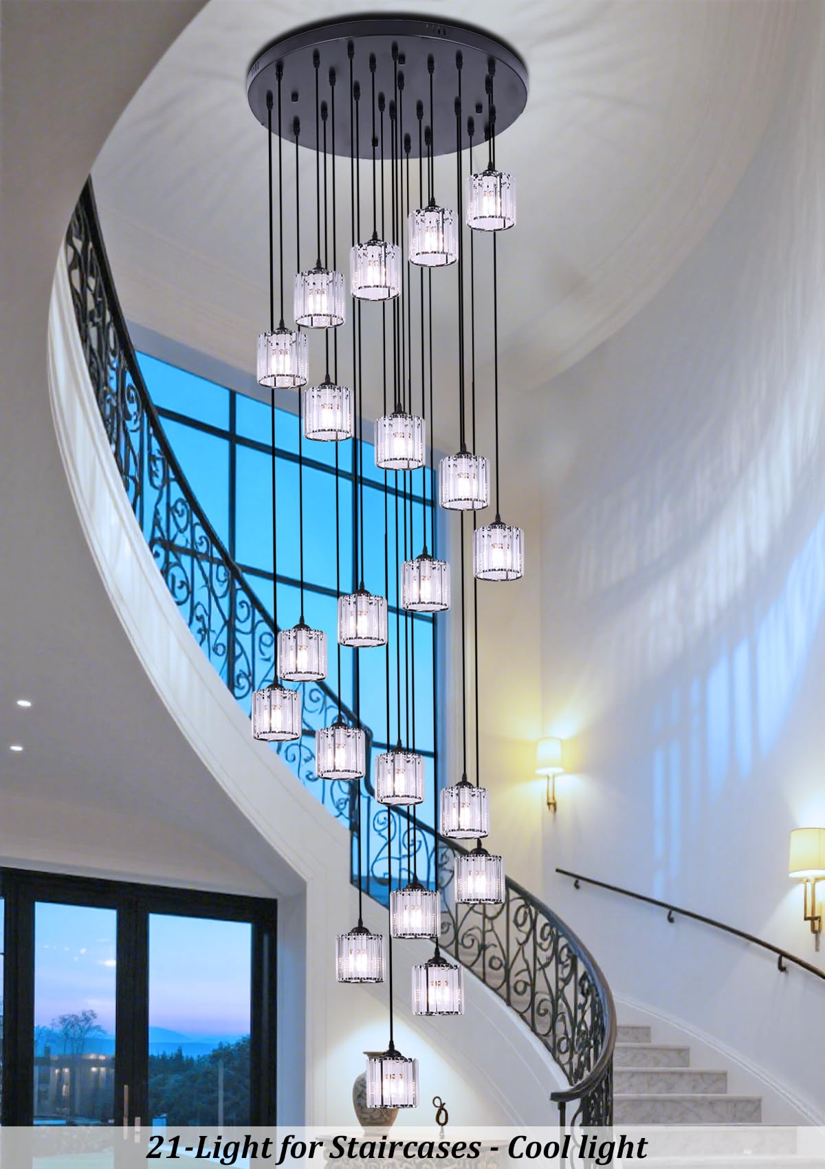 Meimond Modern Crystal Pendant Light - 21 Lights Raindrop Chandelier for High Ceilings, Black Metal, Model LTD-10