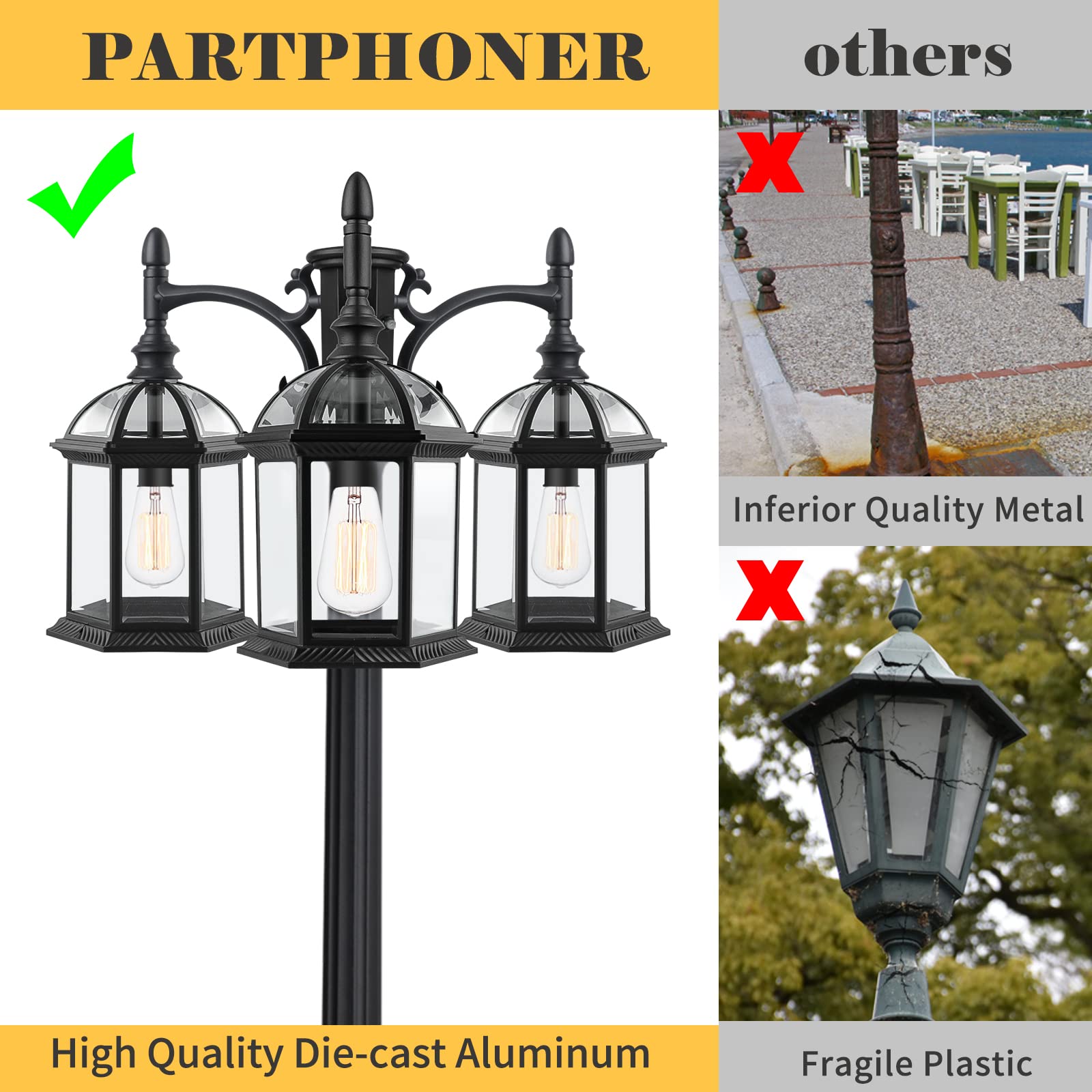 PARTPHONER Dusk to Dawn Outdoor Lamp Post Light, Triple Head Aluminum, Waterproof with Sensor, Model PA1201, Black