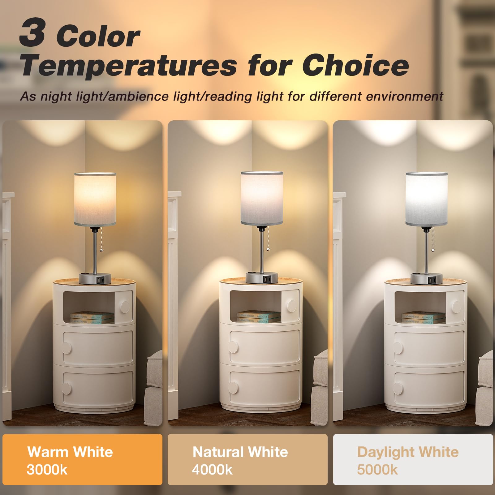 Dicoool Small Grey Bedside Table Lamp For Bedroom - 3 Color Temperatures Bedside Lamps With Usb C And A Ports, Pull Chain Table