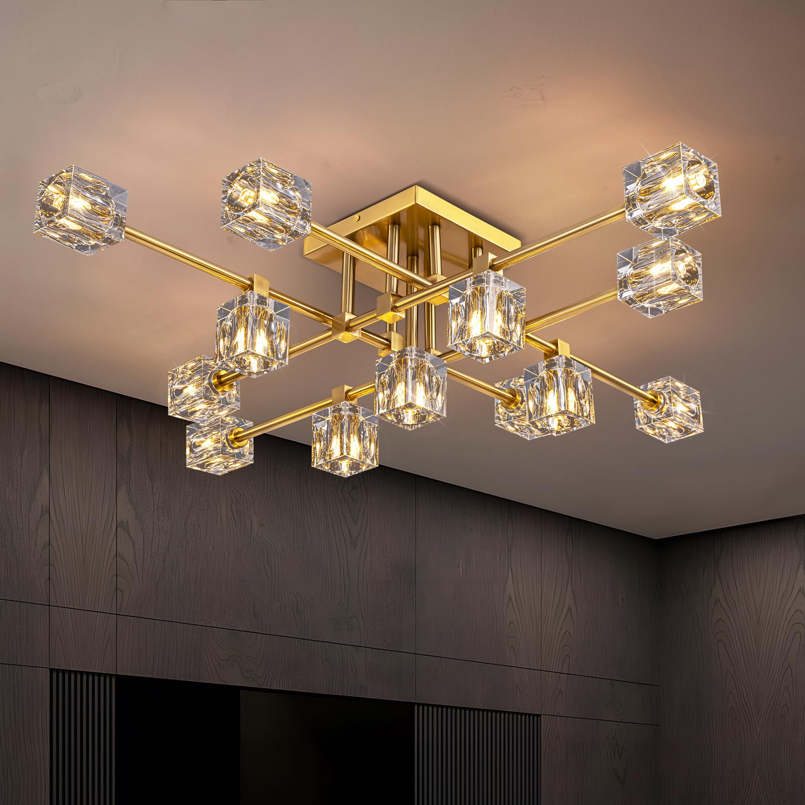 Semi Flush Mount Ceiling Light Fixture 13-Lights Modern Gold K9 Crystal Chandeliers Farmhouse Light Fixtures Ceiling Sputnik Lights for Bedroom Living Room Dining Room Kitchen Entryway