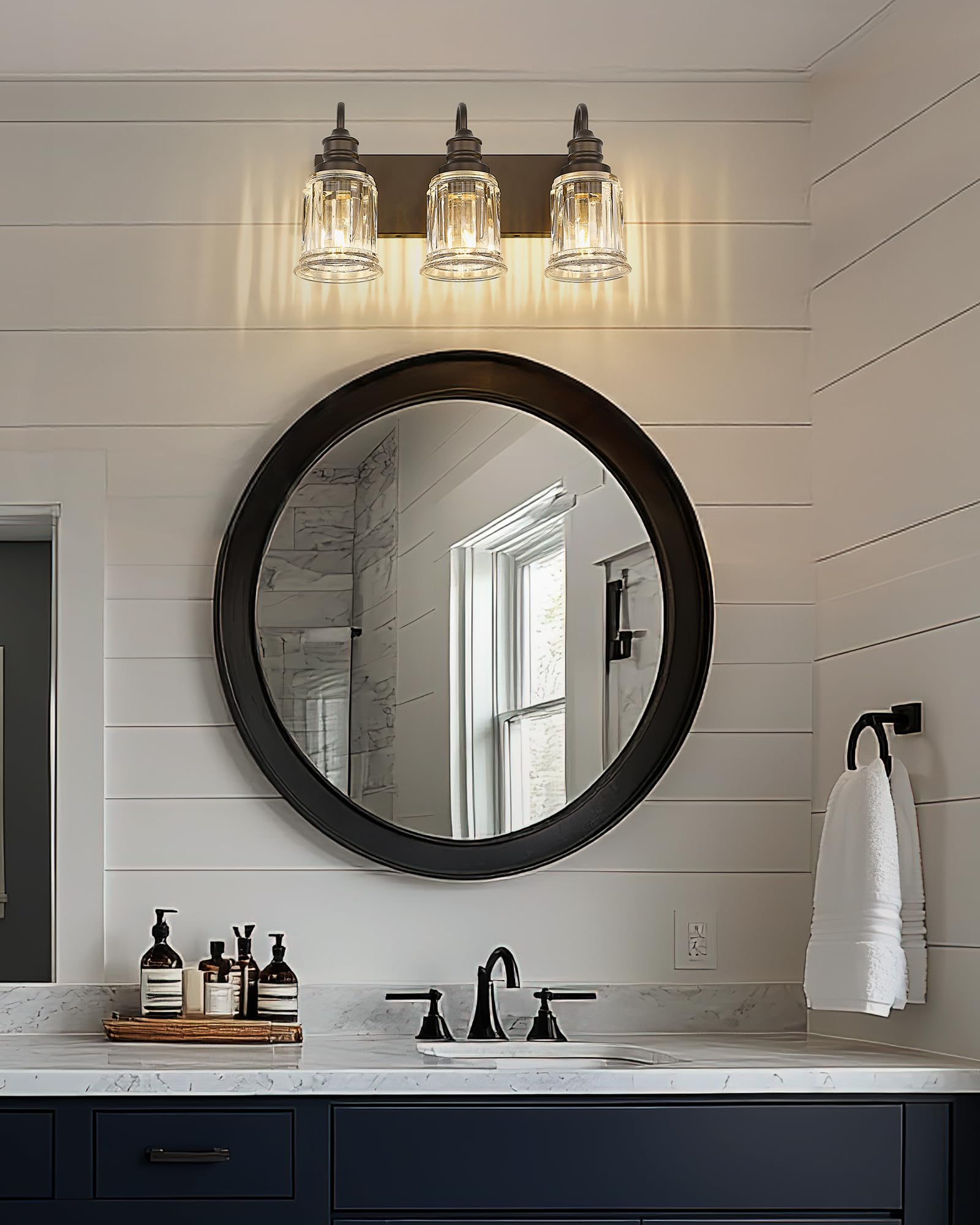 3 Light Bathroom Vanity Light - Hwh Bathroom Lights Over Mirror Farmhouse Vanity Sconce Wall Lighting With Bell-Shaped Clear Glass  Oil-Rubbed Bronze Finish  5Hzg106B-3W Orb