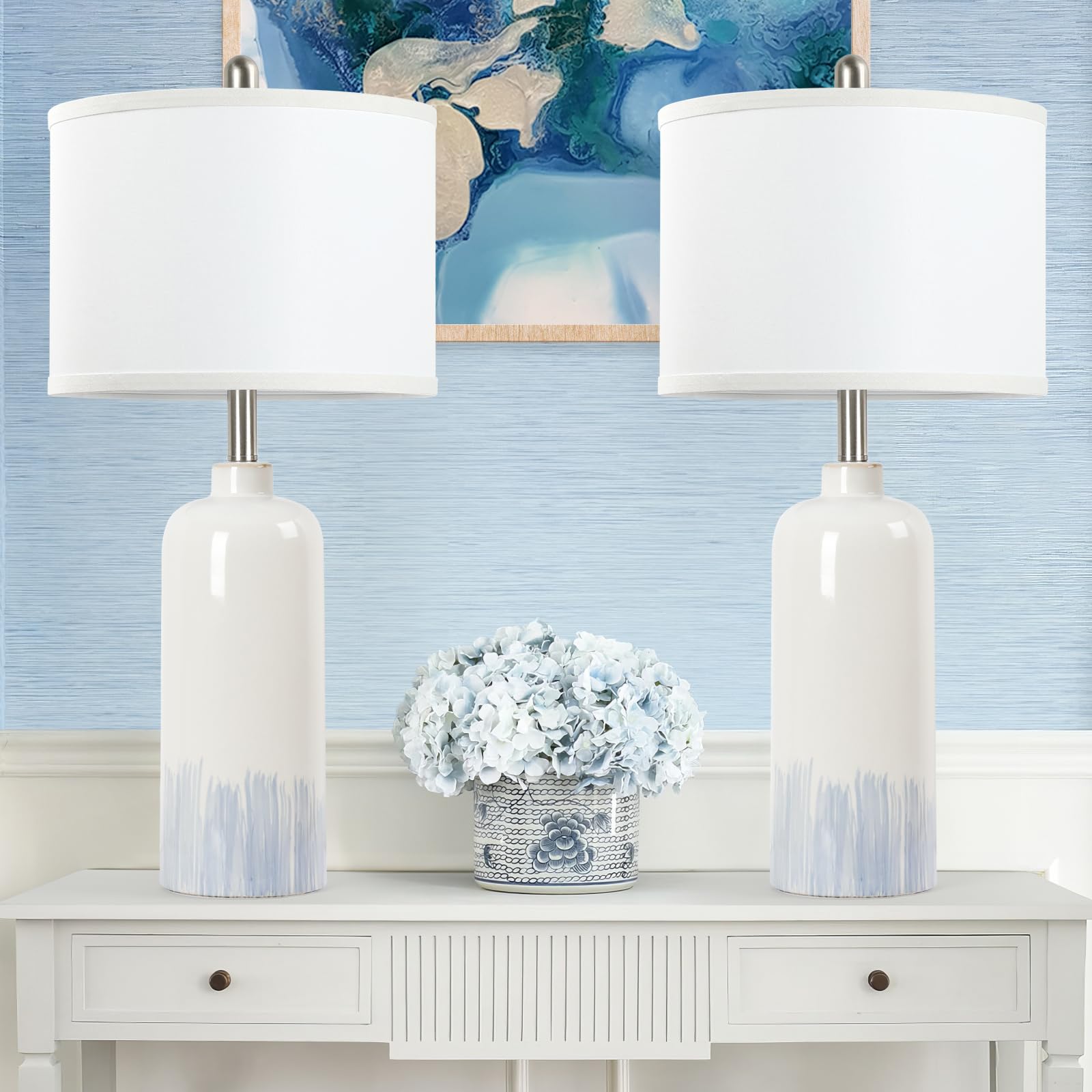Sucolite 26&quot; Blue & White Ceramic Table Lamps Set Of 2 - Coastal Living Room & Bedroom Decor