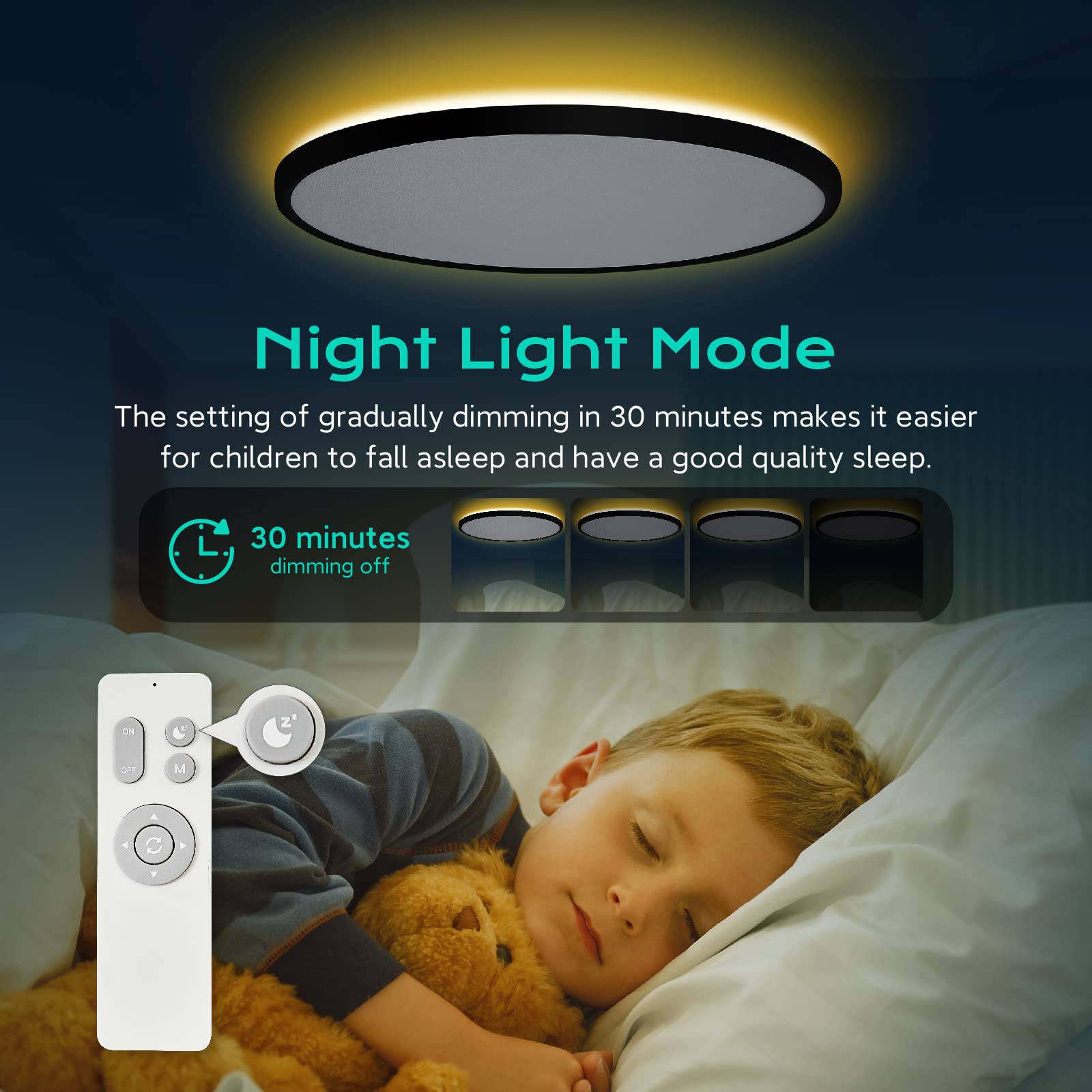 Black Ceiling Light Fixture 2 Pack With Remote Control, With 3000K Warm Nightlight, 12Inch 24W Flush Mount Ceiling Light, 3 Ligh
