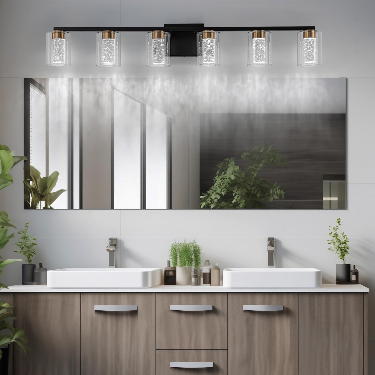 Sinerise 6-Light Black And Gold Vanity Light With 3 Color Modes (3000K/4000K/6000K), Eye Protection Led Bathroom Light Fixture,