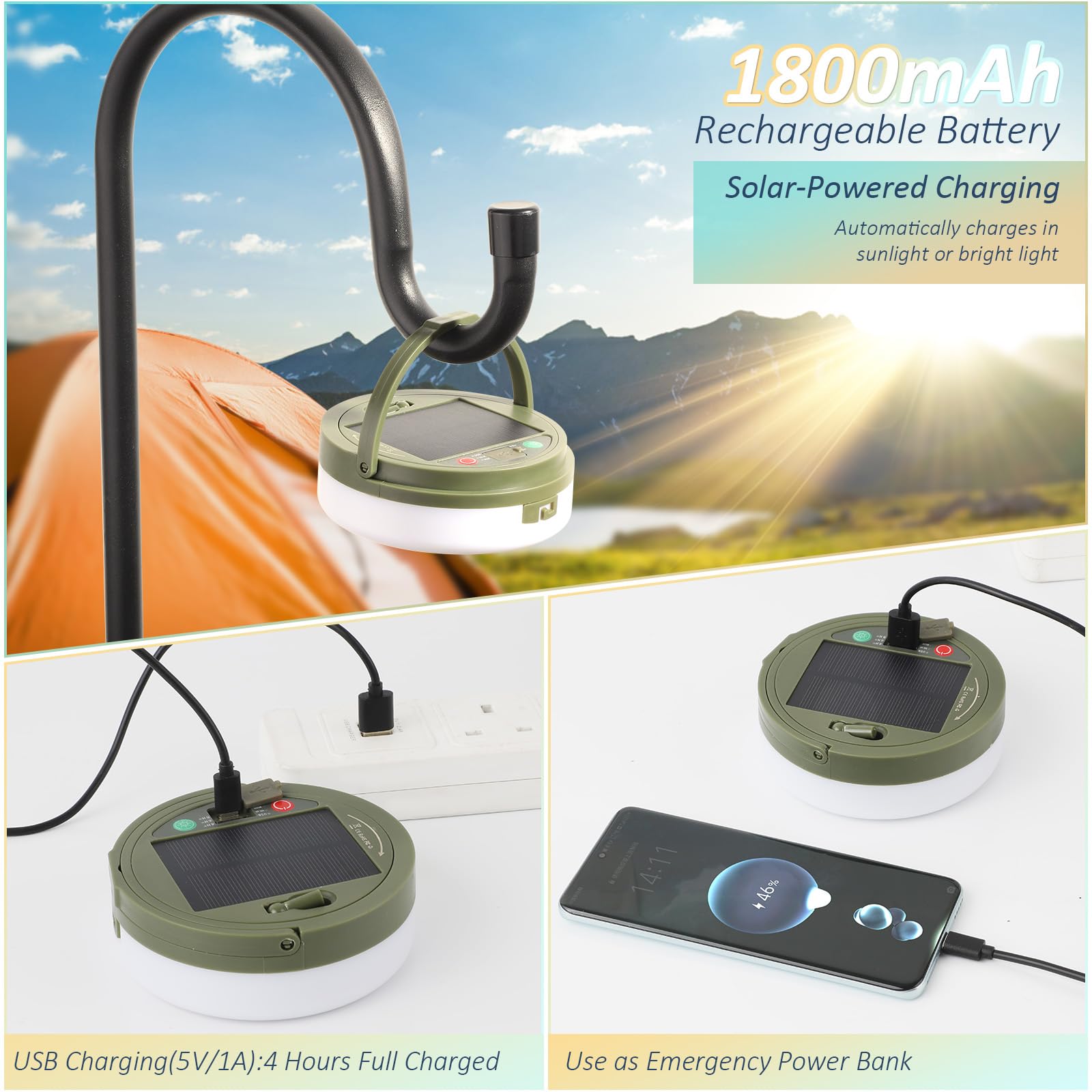 UOUNE Camping String Lights, 32.8Ft Solar Camping Lights, Portable Waterproof Camp Lamp with 13 Lighting Modes, Hanging Recharge