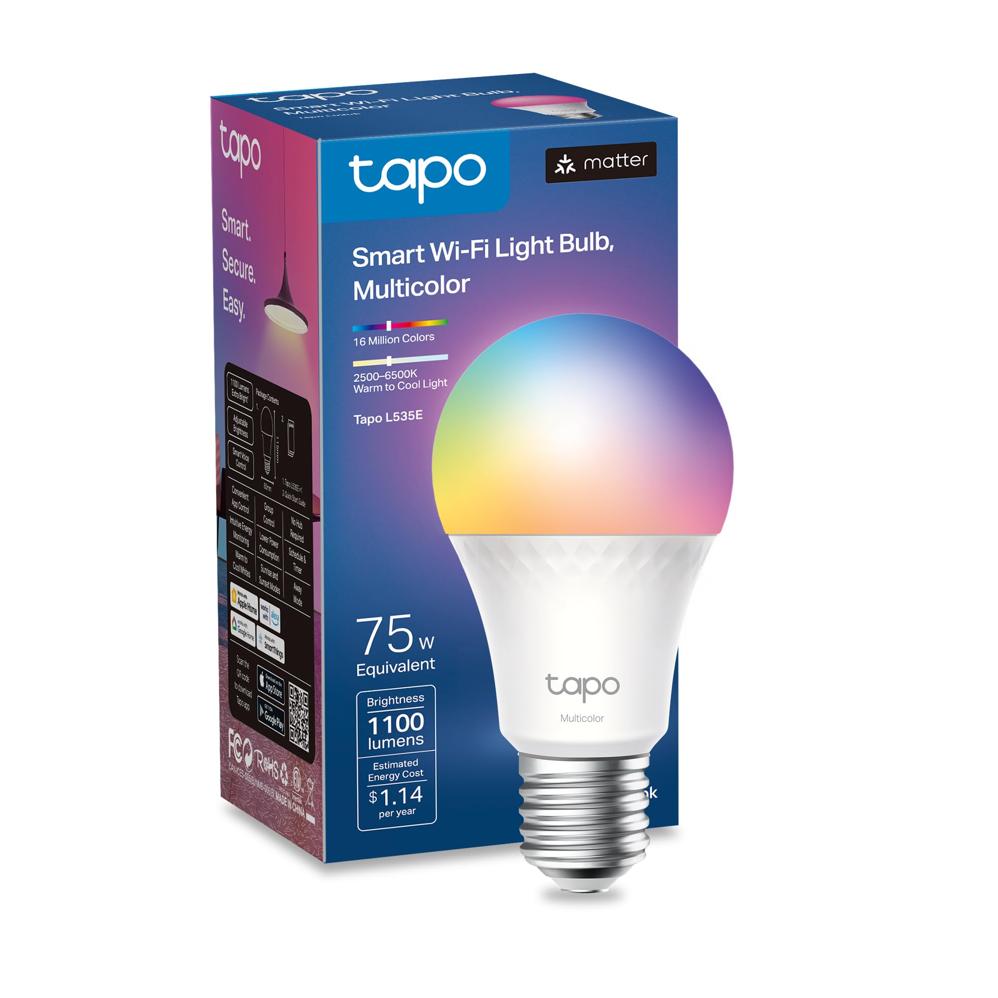 Tapo Tp-Link Smart Light Bulbs, 1100 Lumens High Brightness(75W Equivalent), Matter-Certified, 16M Colors Rgbw Led Bulb, Dimmabl