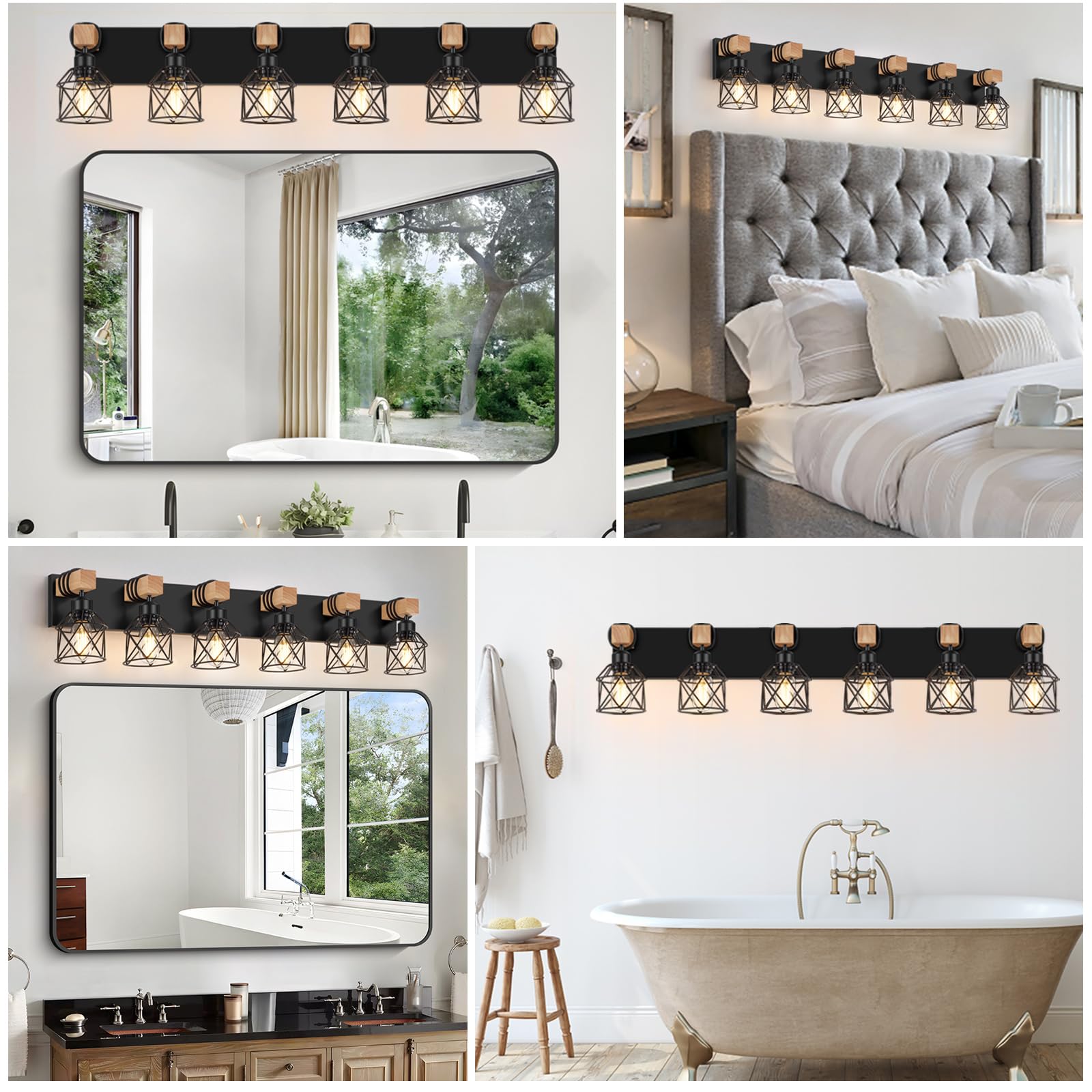 FadimiKoo 6-Light Farmhouse Bathroom Vanity Lighting, Rustic Black Wood & Metal Sconces, XLZ-6 Model for Bedroom, Living Room, Hallway