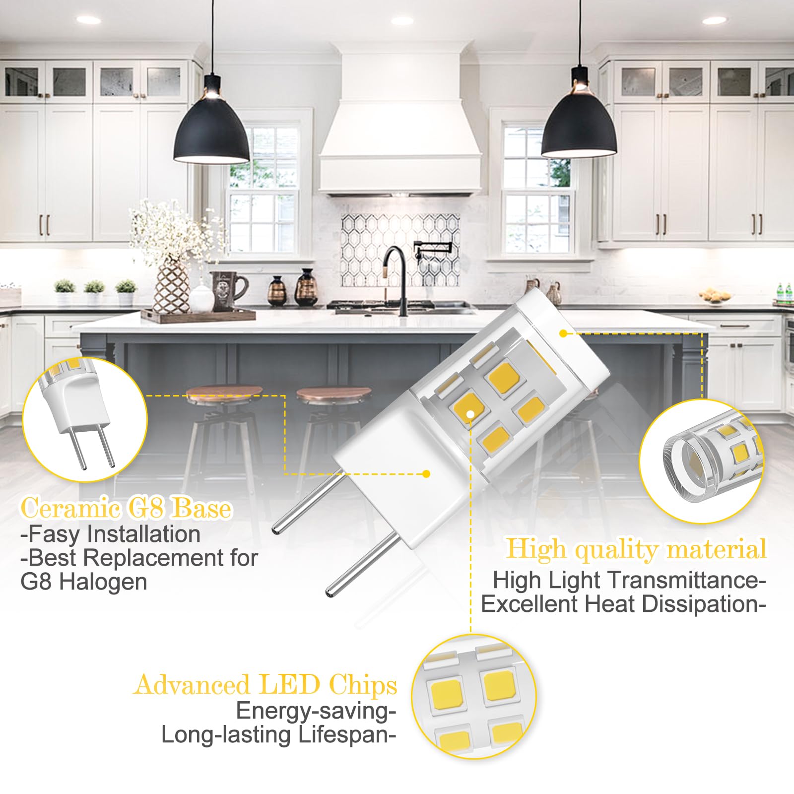 Ssqy G8 Led Light Bulb, Gy8.6 Bi-Pin Base, 3W 120V 20W 35W Halogen Replacement Bulb For Under Counter Kitchen Lighting, Under-Ca
