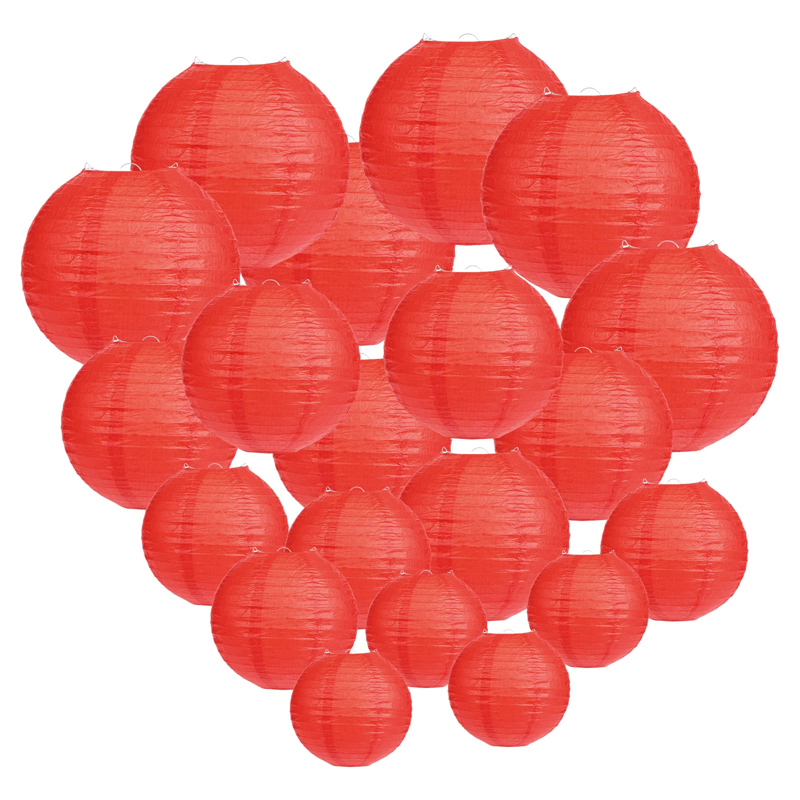 LIHAO 20 Pcs Red Paper Lanterns for Chinese New Year, Spring Festival, Birthday, Xmas, Wedding, Metal, 4 Sizes