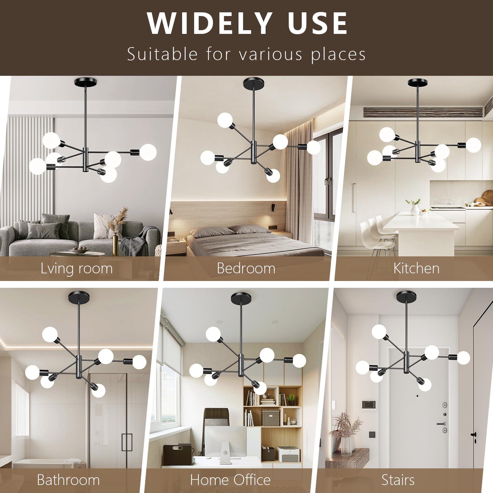 Eugitrains 6-Light Modern Sputnik Chandelier, E26 Base Branch Height Adjustable,Mid Century Chandelier Pendant Light For Dining
