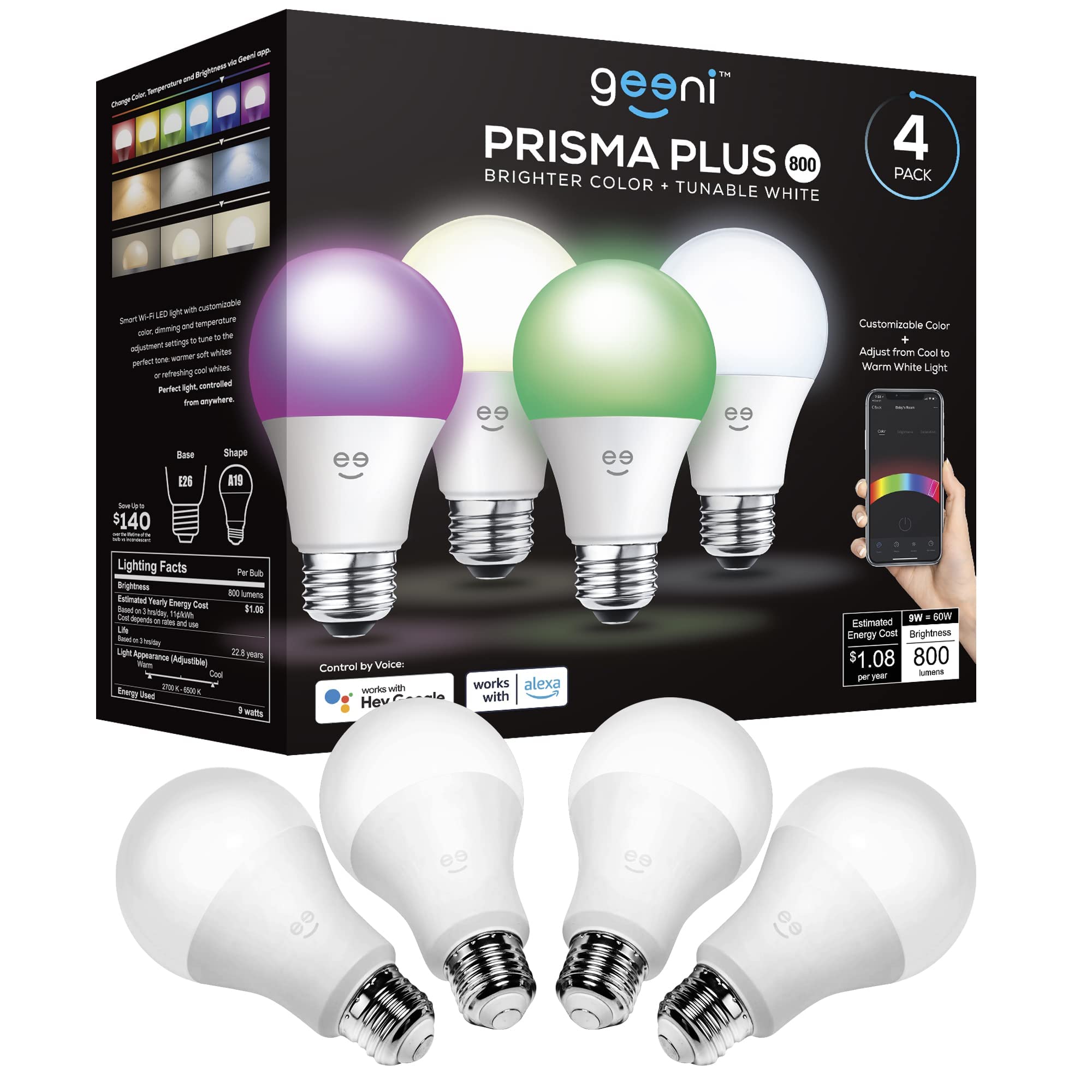 Geeni Prisma Plus 800 WiFi LED Smart Light Bulb, 4-Pack, 2700-6500K Tunable Hue, Dimmable, A19 60W, Multicolor