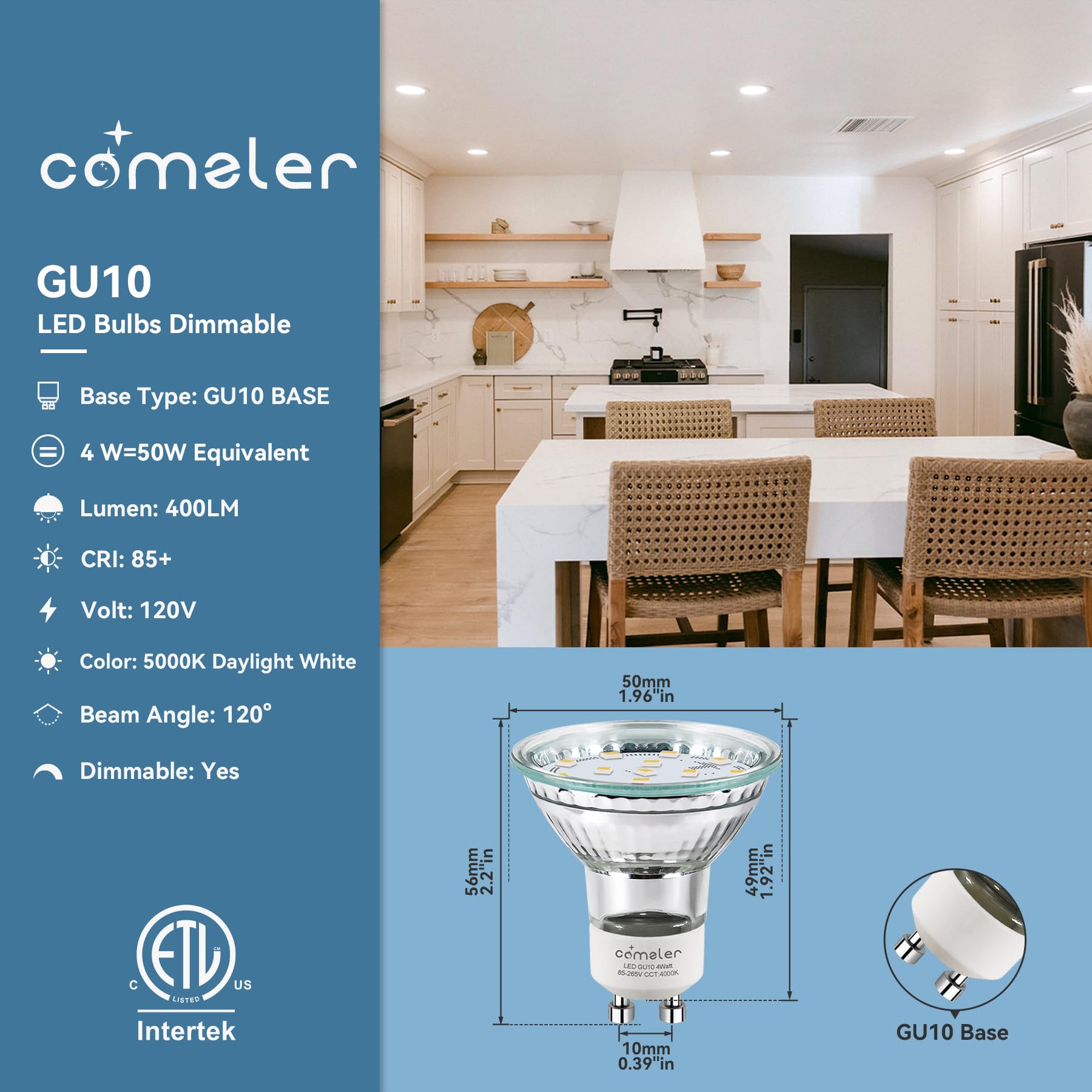 Comzler Gu10 Led Bulb Dimmable  50W Halogen Equivalent Gu10  5000K Daylight  Gu10 Bulb Replacement For Track Lighting  Mr16 Gu10 Light Bulb Led 4W 120Beam Angle 400Lm 120V Etl Listed 12 Pack