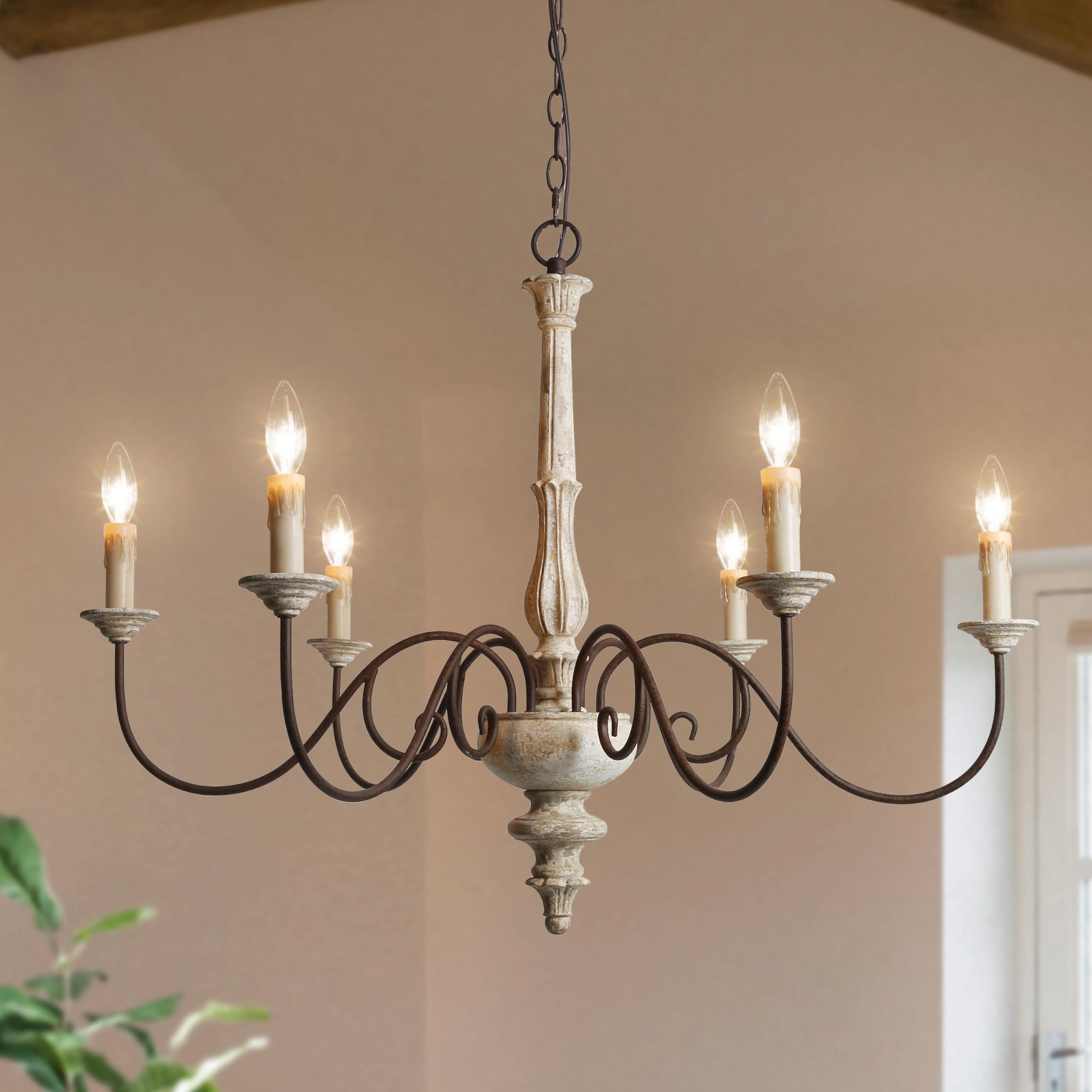 GEPOW Farmhouse Chandelier, 6-Light Wood French Country Chandelier, Rustic Wooden Chandeliers Light Fixture for Dining Room, Liv