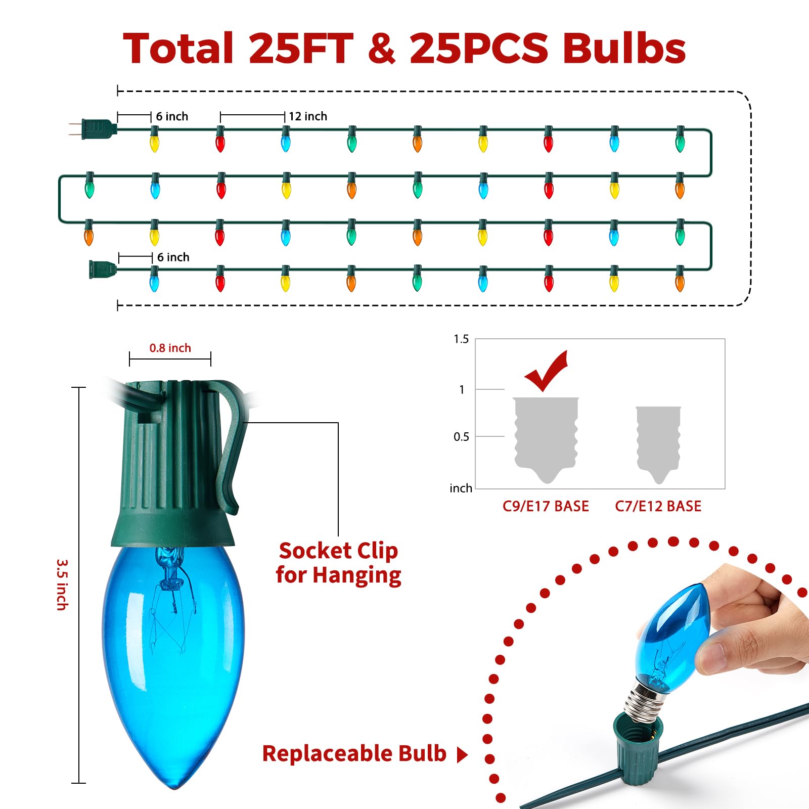 Brightown C9 Bulb String Lights - 25FT Multicolor Christmas Lights, Green Wire, 25 Bulbs, Outdoor Patio Decoration, Model GYPI-O257AU