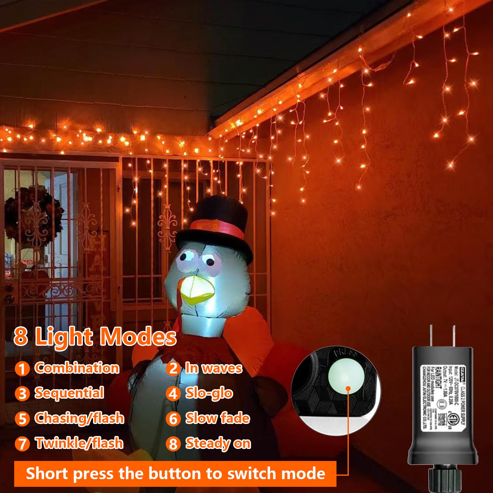 YEGUO 33ft 400 LED Icicle Halloween Lights, Waterproof Indoor/Outdoor, Orange, Model JT-EL/FC300V0200-C