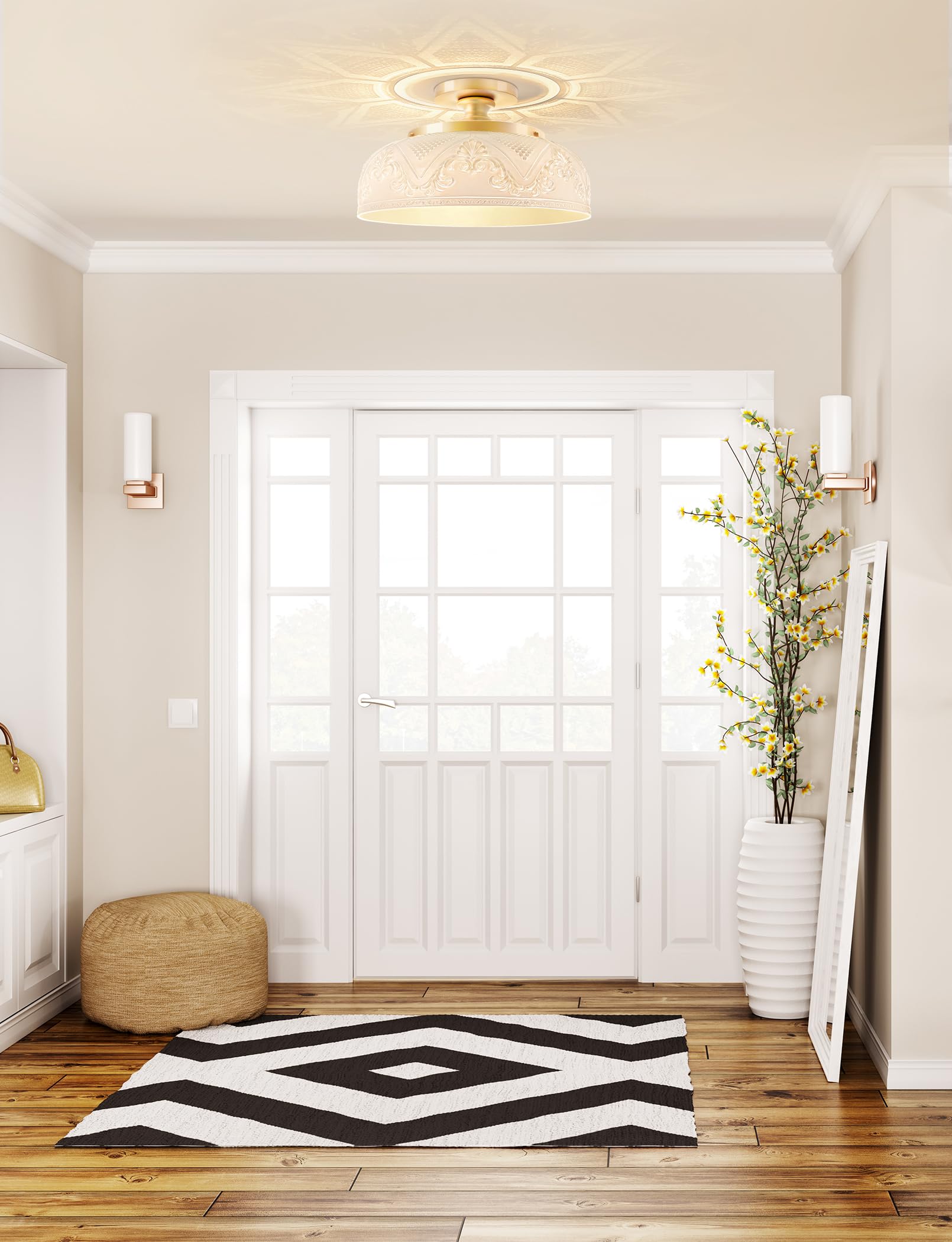 Slypadan Semi Flush Mount Ceiling Light, 12 Inch Large Gold Ceiling Light Fixture, 3-Light Globe White Glass Farmhouse Kitchen L