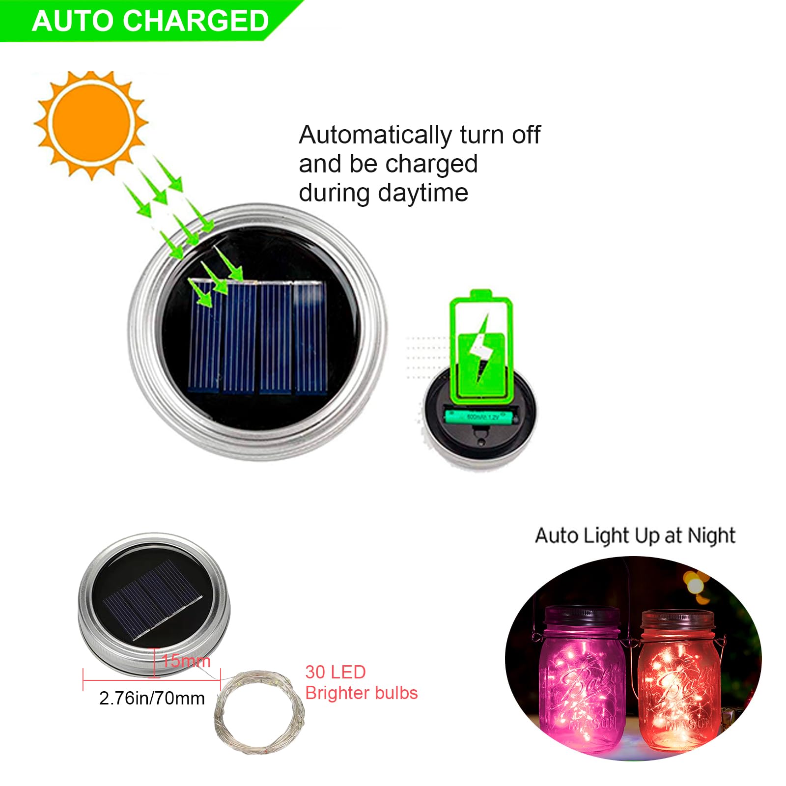 ANGMLN Solar Mason Jar Lid Lights, 10 Pack, 30 LED Waterproof Colorful Fairy Lights for Patio, Garden, Wedding, Christmas (Jars Not Included)