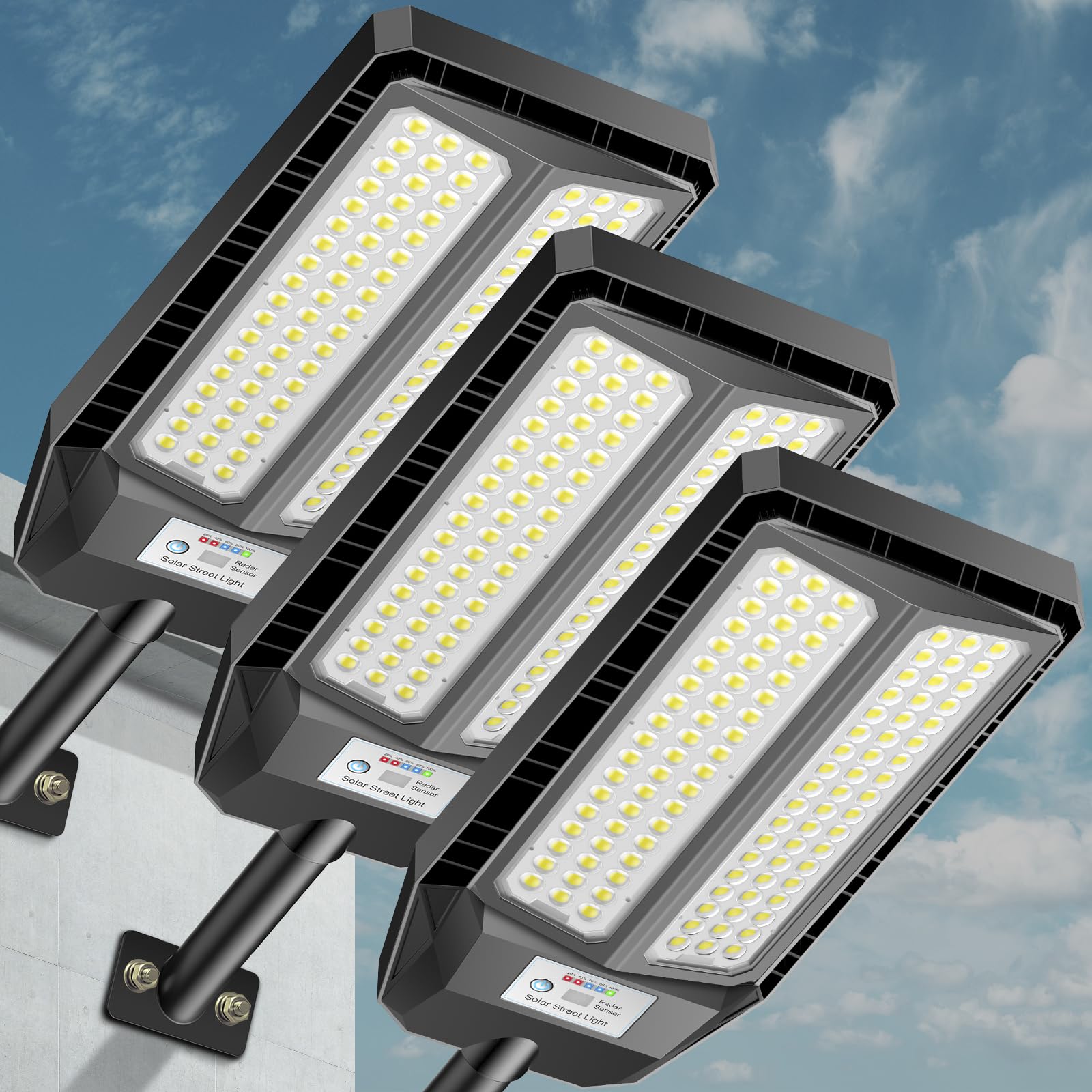 VOOJOY Solar Street Lights - 5000W LED Security Flood Light, Waterproof, Motion Sensor, Remote Control, Black, 3 Pack