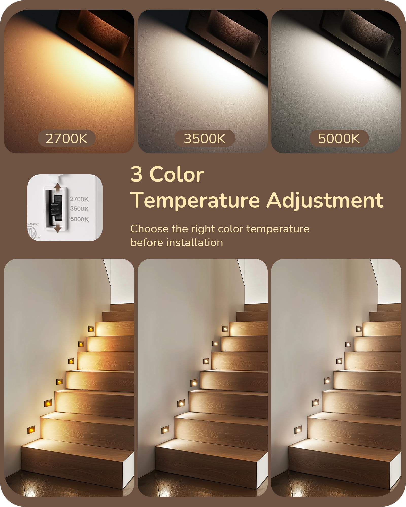 EDISHINE LED Stair Lights, 2.5W 150LM, 3CCT Dimmable, IP65 Waterproof, Oil-Rubber Bronze, Aluminum, Model HGSL12B,